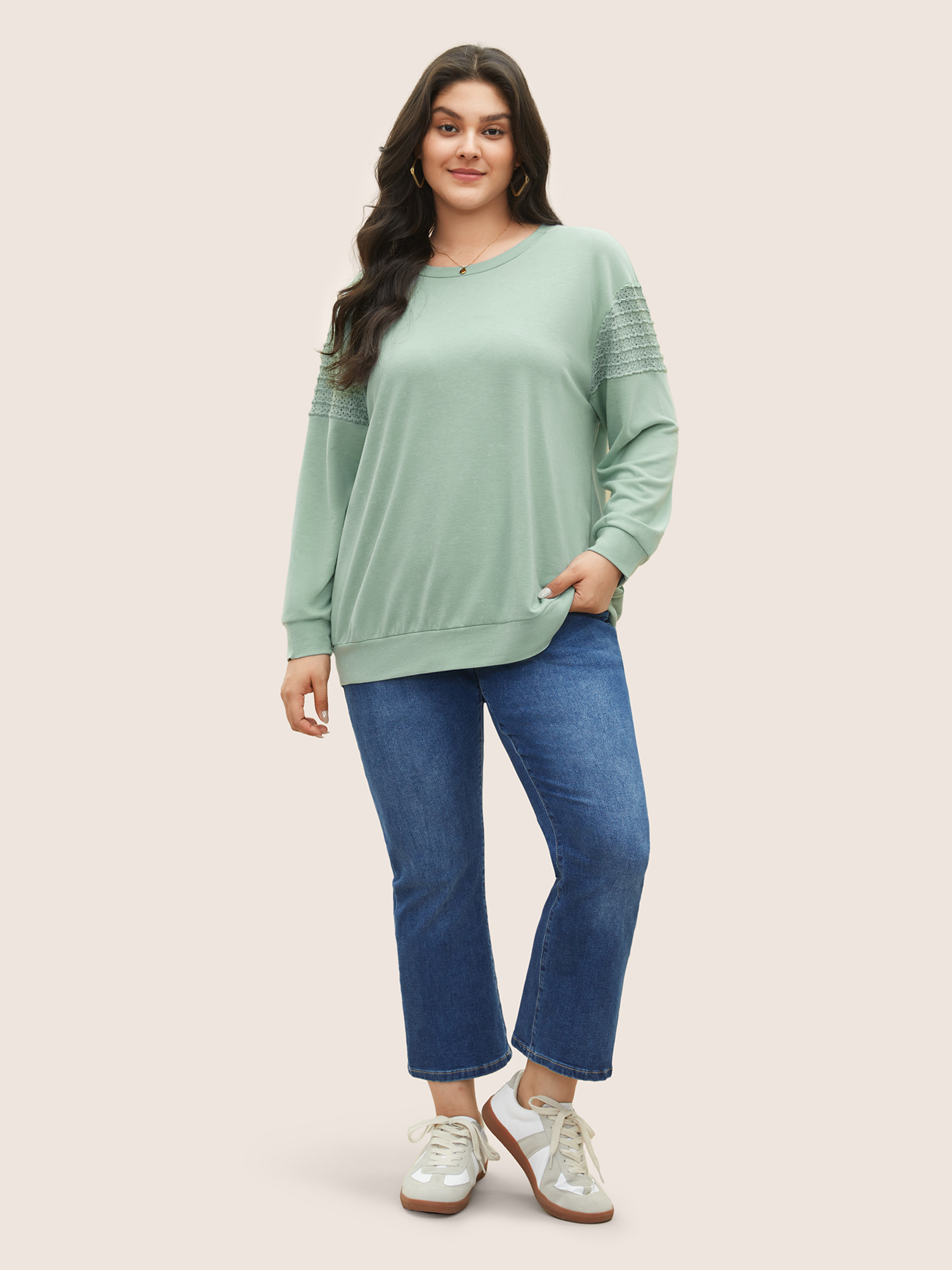 Plus Size Solid Lace Panel Drop Shoulder Sweatshirt Women Mint Casual Non Round Neck Everyday Sweatshirts BloomChic 10/M 