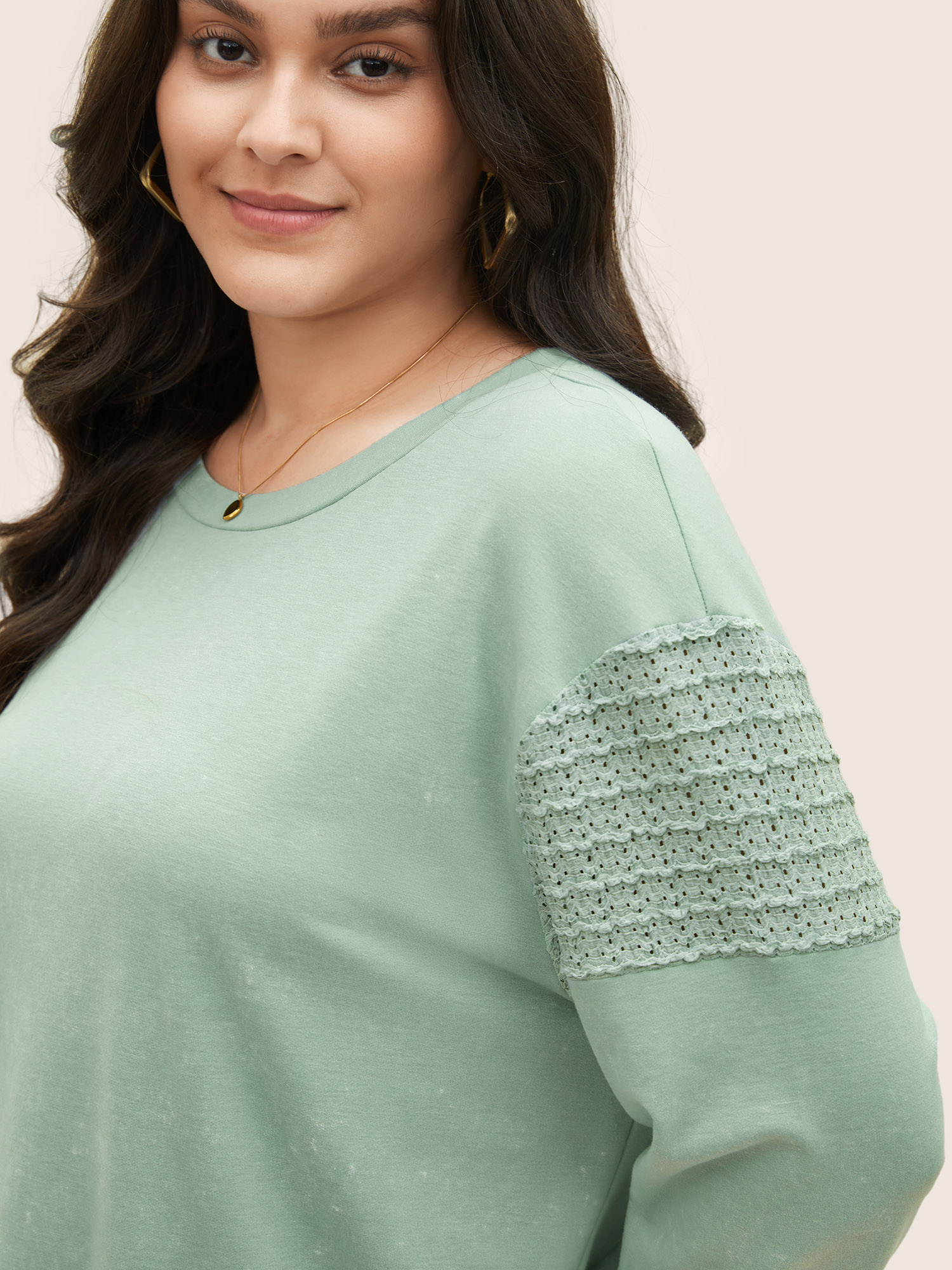 Plus Size Solid Lace Panel Drop Shoulder Sweatshirt Women Mint Casual Non Round Neck Everyday Sweatshirts BloomChic 10/M 