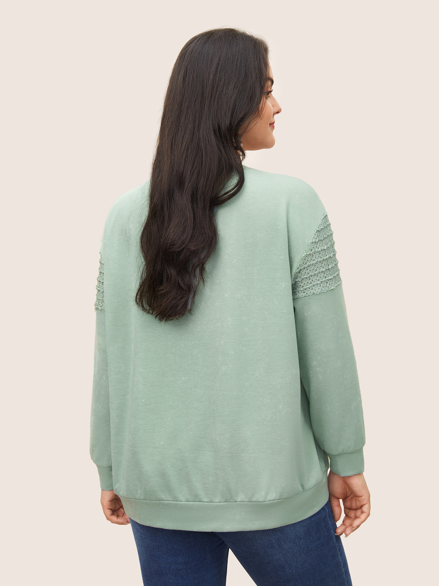 Plus Size Solid Lace Panel Drop Shoulder Sweatshirt Women Mint Casual Non Round Neck Everyday Sweatshirts BloomChic 10/M 