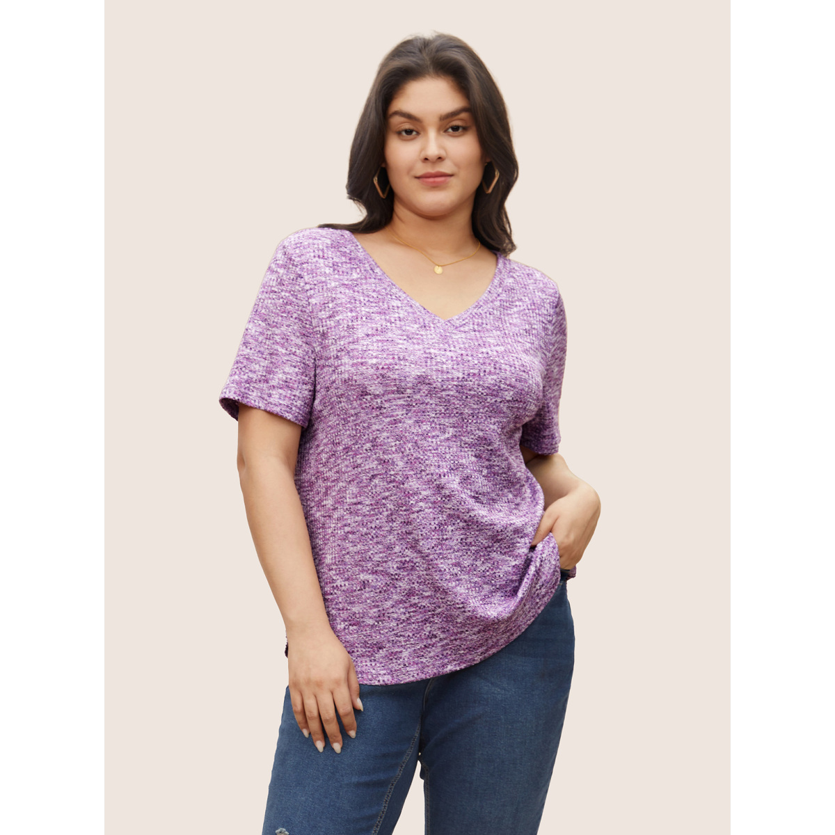 

Plus Size Waffle Knit V Neck Curved Hem T-shirt Purple Women Casual Texture Plain V-neck Everyday T-shirts BloomChic