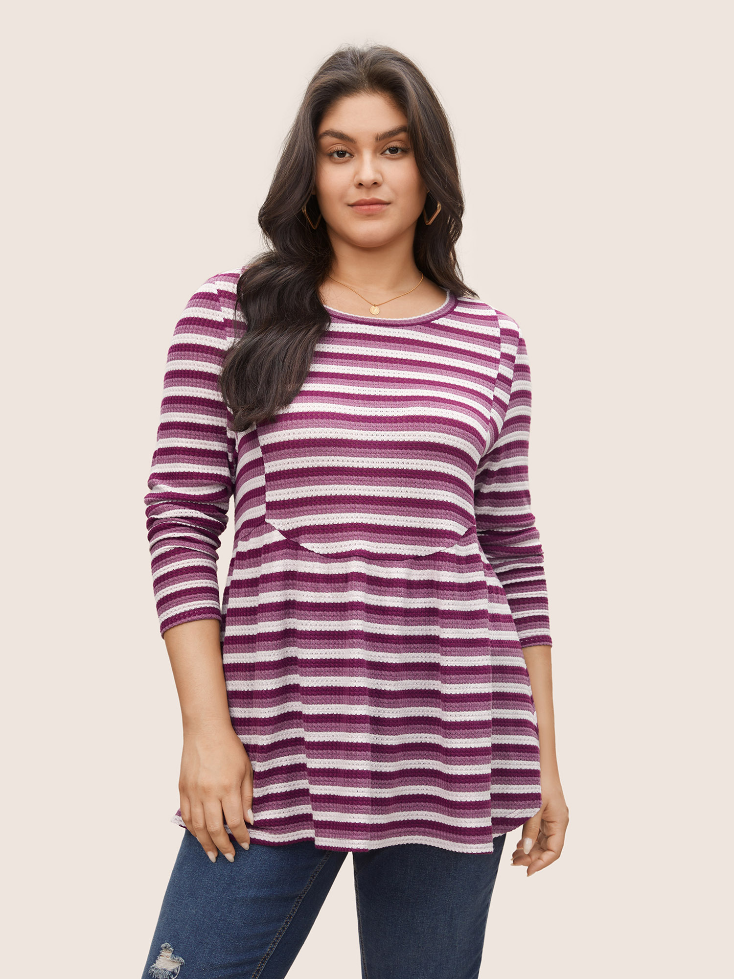 

Striped Waffle Knit Crew Neck T-shirt, Purple