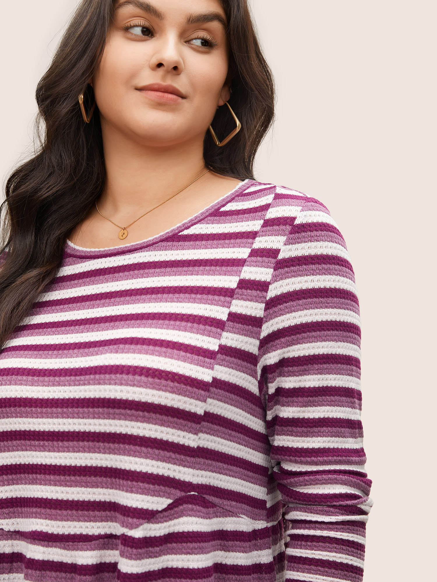 

Plus Size Striped Waffle Knit Crew Neck T-shirt Purple Round Neck Long Sleeve Casual Jersey Tops