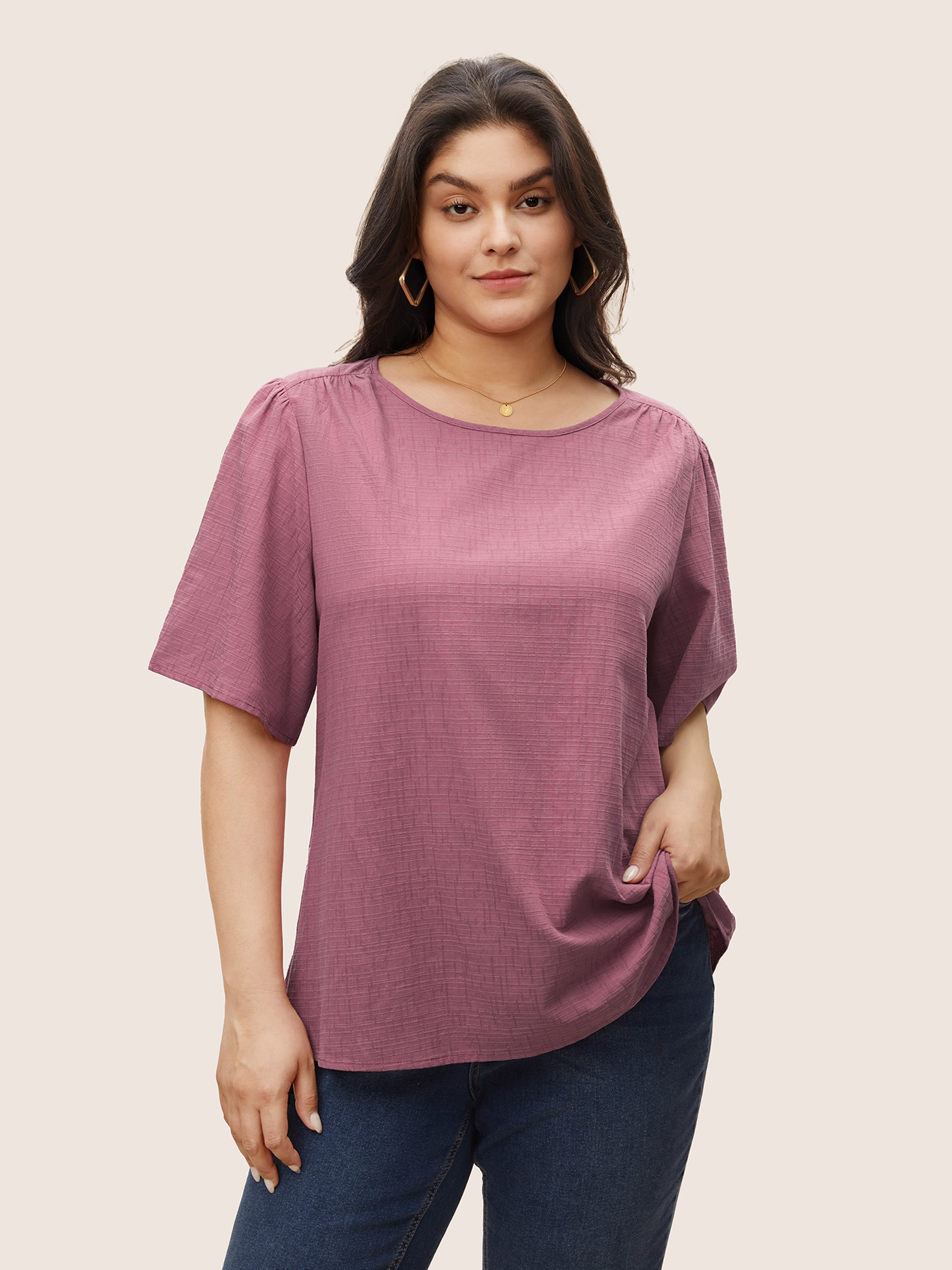 

Plus Size Purple Plain Textured Gathered Flutter Sleeve Blouse Women Casual Half Sleeve Round Neck Everyday Blouses BloomChic