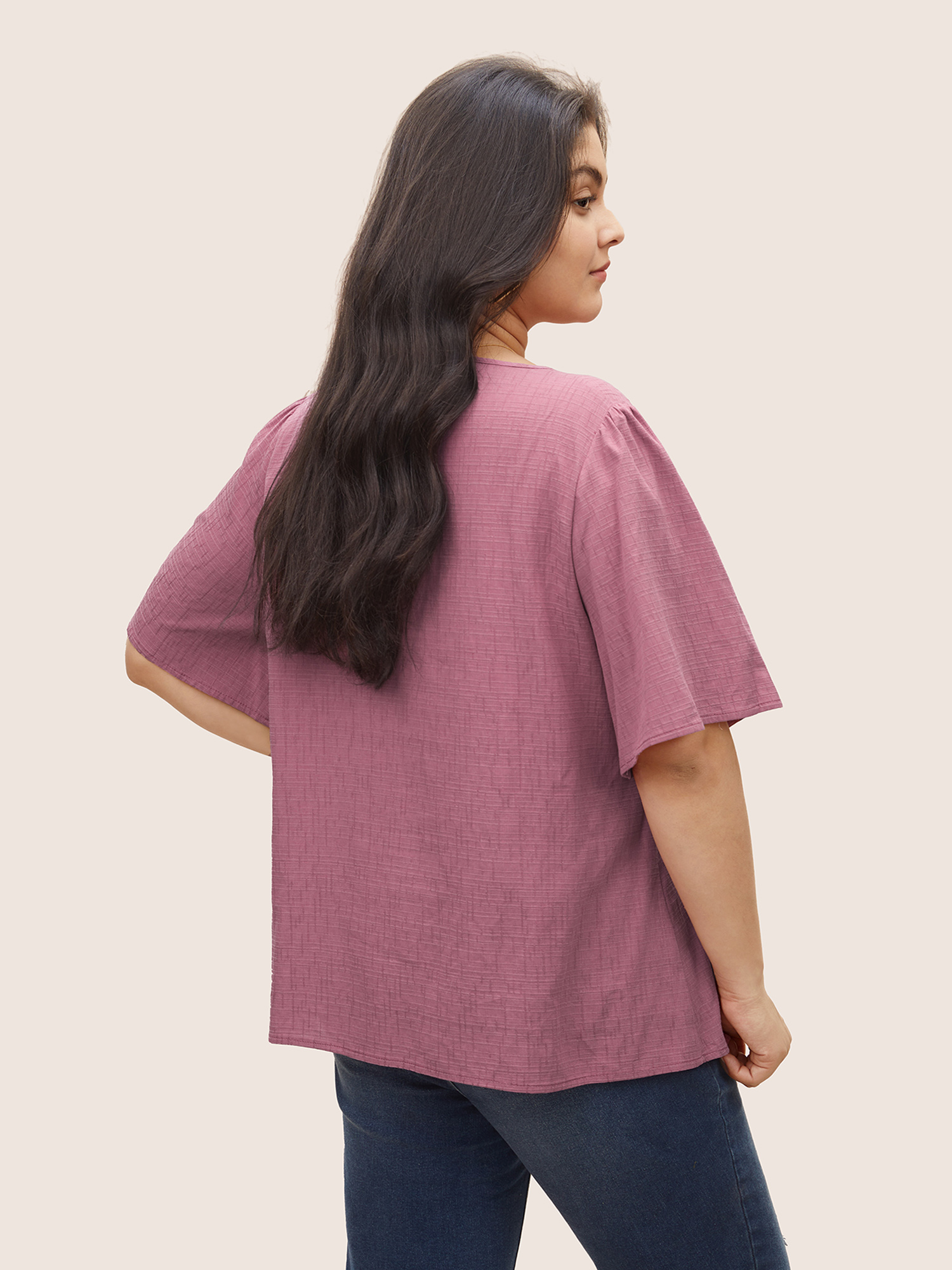 

Plus Size Purple Plain Textured Gathered Flutter Sleeve Blouse Women Casual Half Sleeve Round Neck Everyday Blouses BloomChic
