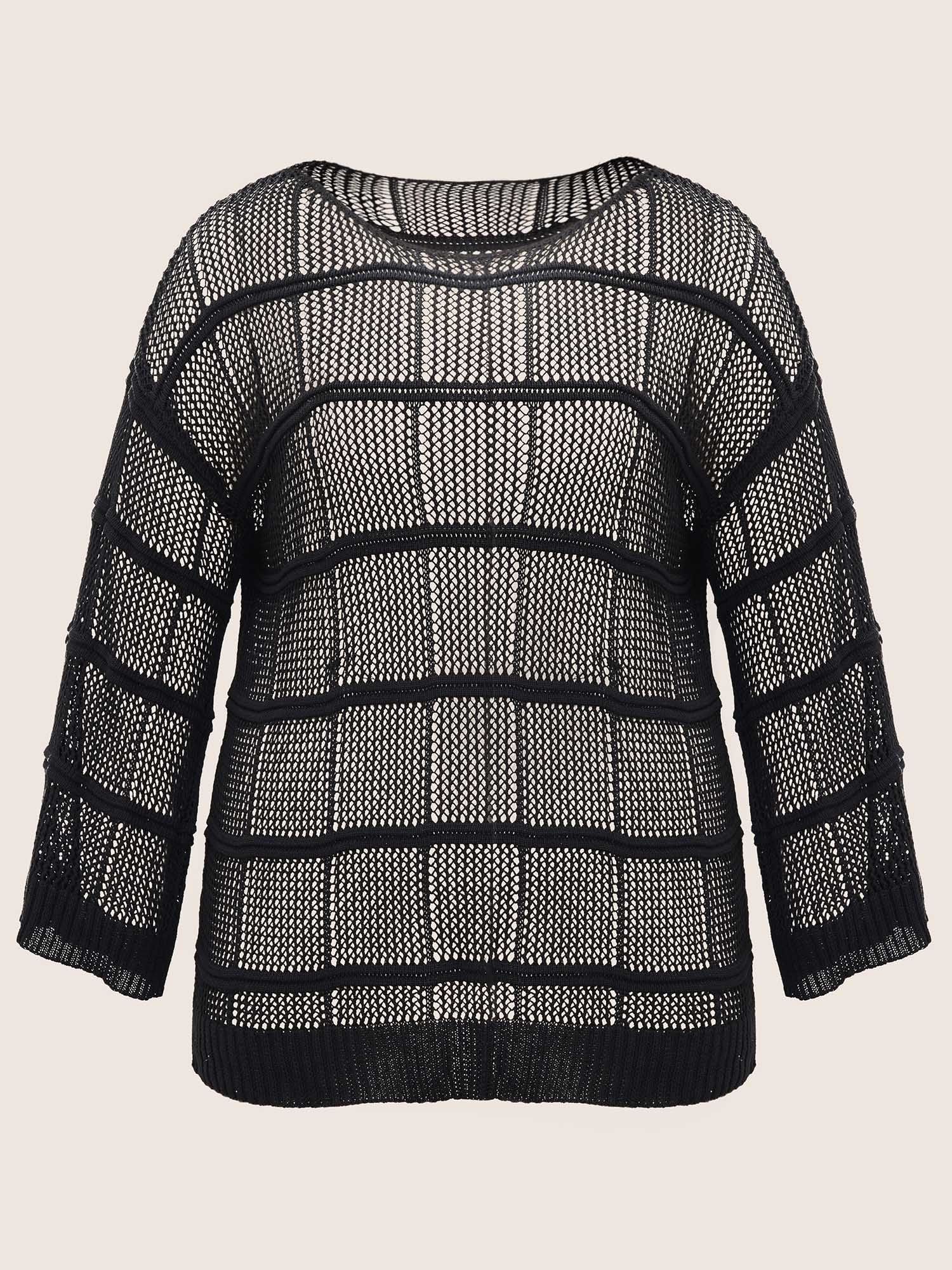 Plus Size Striped Hollow Out Bell Sleeve Cover Up Black Long Sleeve Round Neck Casual Knit Tops 30/6X Bloomchic 