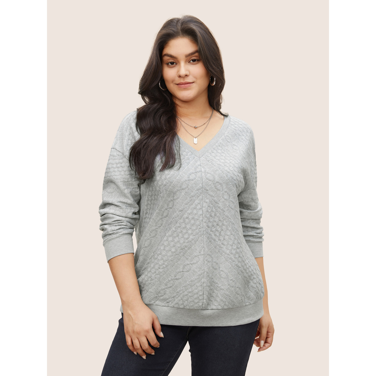 

Plus Size Solid Plisse V Neck Drop Shoulder Sweatshirt Women Gray Casual Texture V-neck Everyday Sweatshirts BloomChic