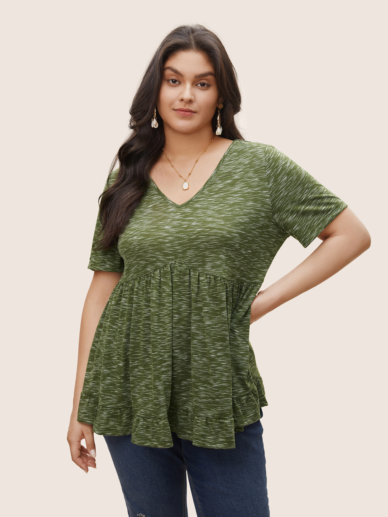 

Solid Heather Ruffles Gathered T-shirt, Green