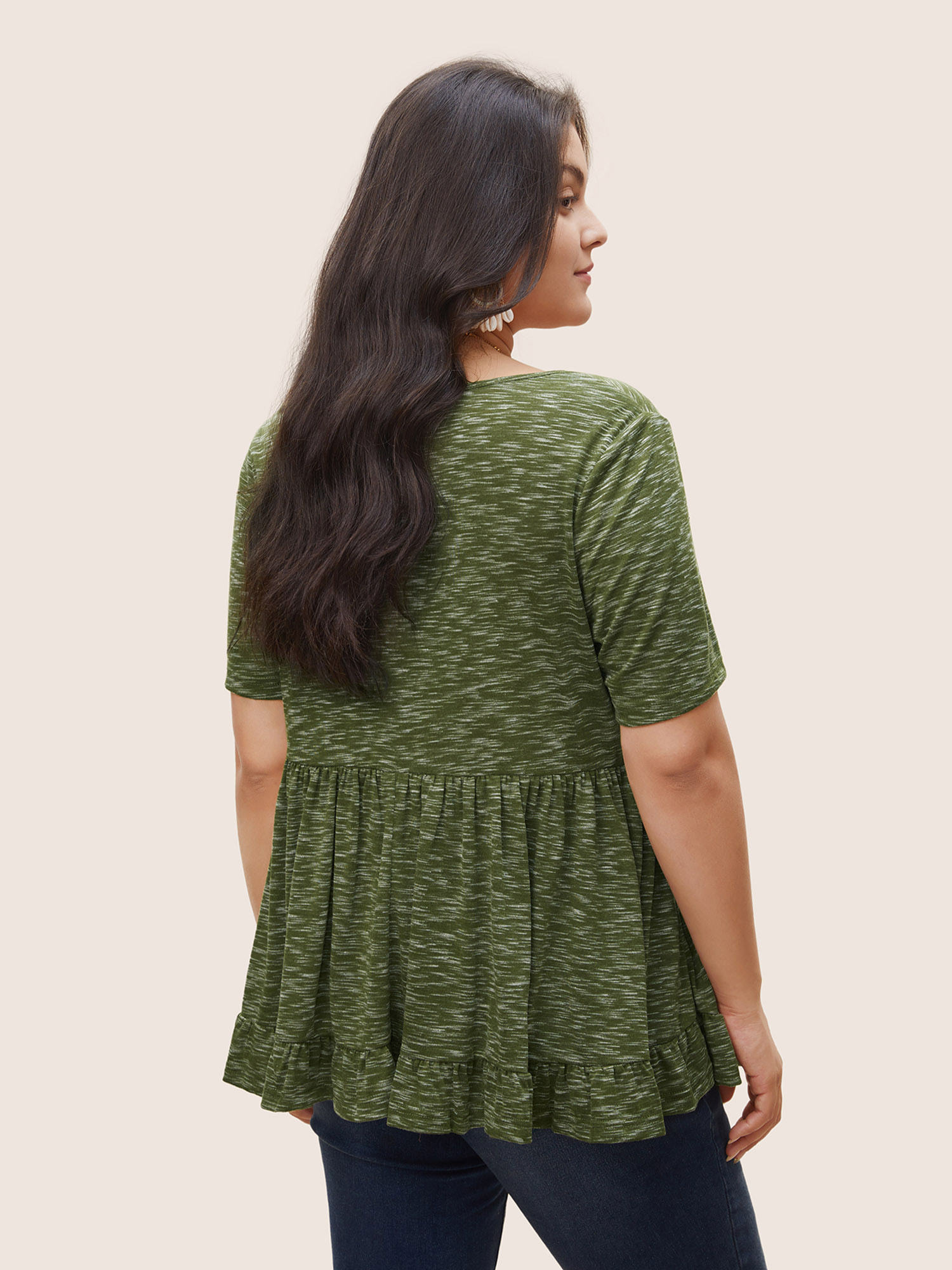 

Plus Size Solid Heather Ruffles Gathered T-shirt Green V-neck Short sleeve Casual Jersey Tops