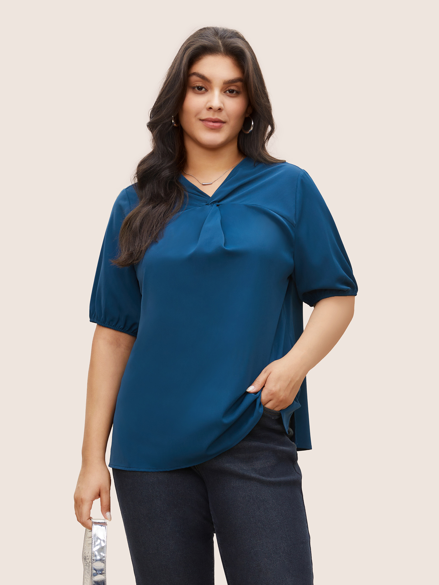 

Plus Size DarkBlue Solid Twist Front Lantern Sleeve Blouse Women At the Office Short sleeve V-neck Work Blouses BloomChic