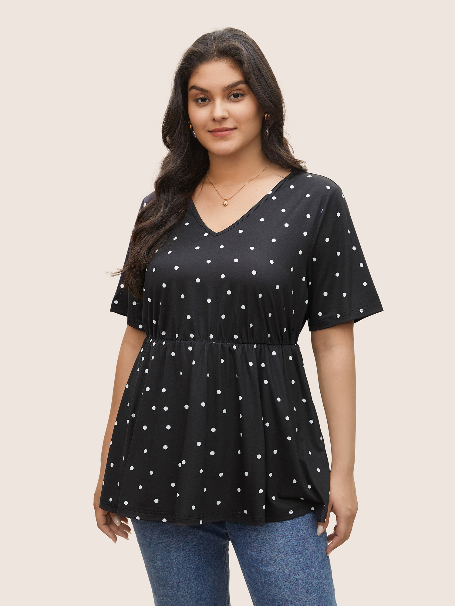 

V Neck Polka Dot Elastic Waist T-shirt, Black