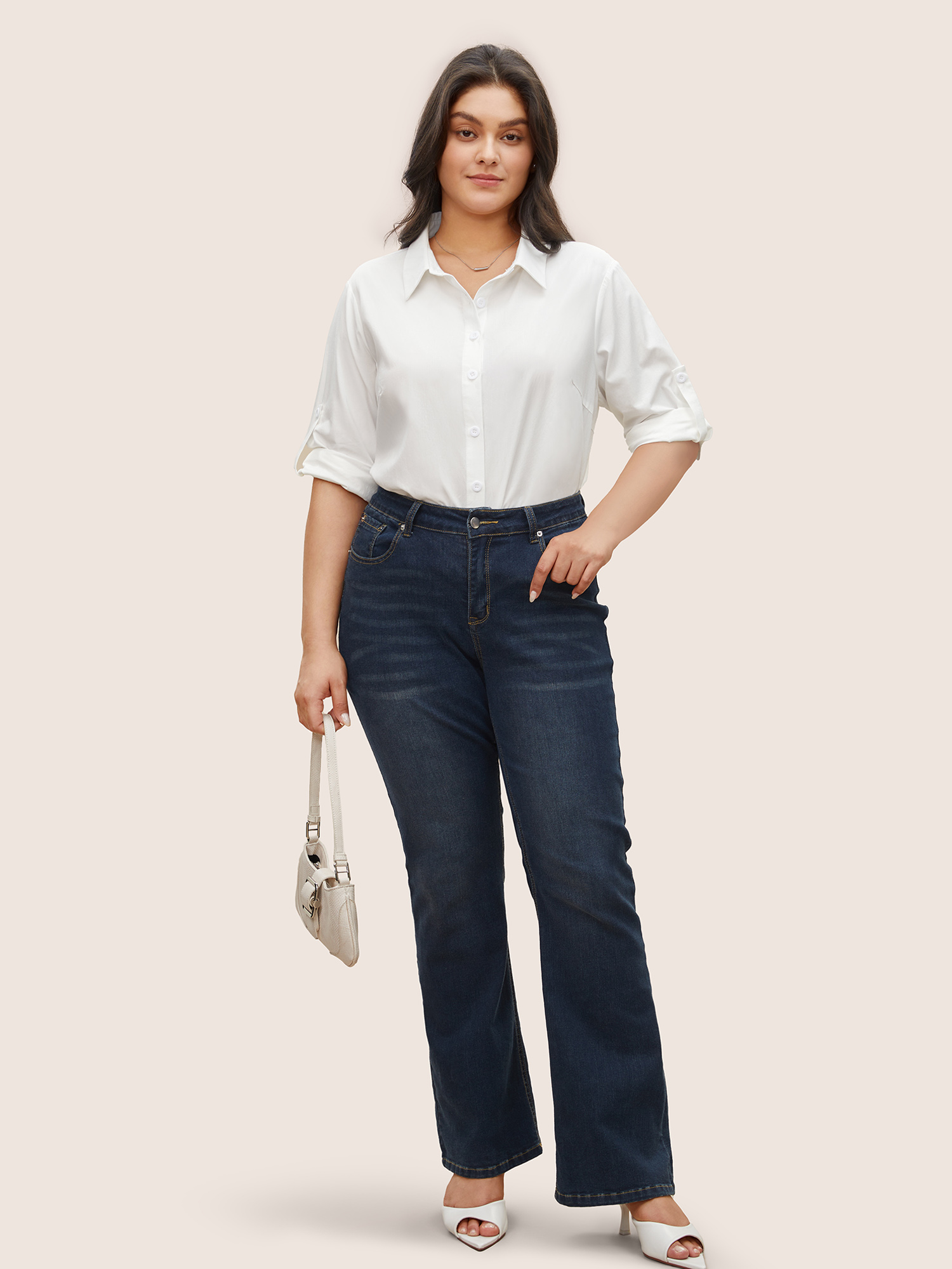 

Plus Size Shirt Collar Tab Sleeve Curved Hem Blouse White Long Sleeve Shirt collar Workwear Essentials Shirts