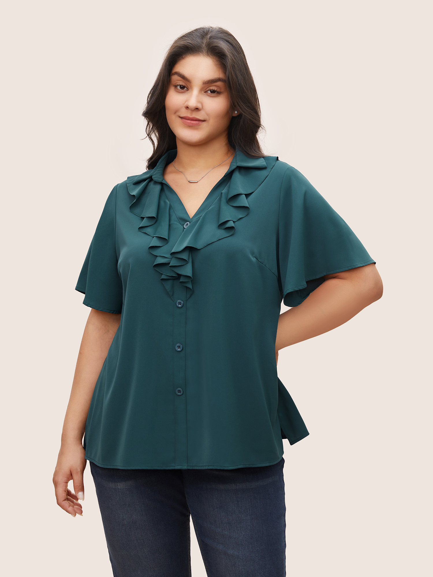 

Plus Size Cyan Solid Button Detail Ruffle Trim Blouse Women At the Office Short sleeve Shirt collar Work Blouses BloomChic