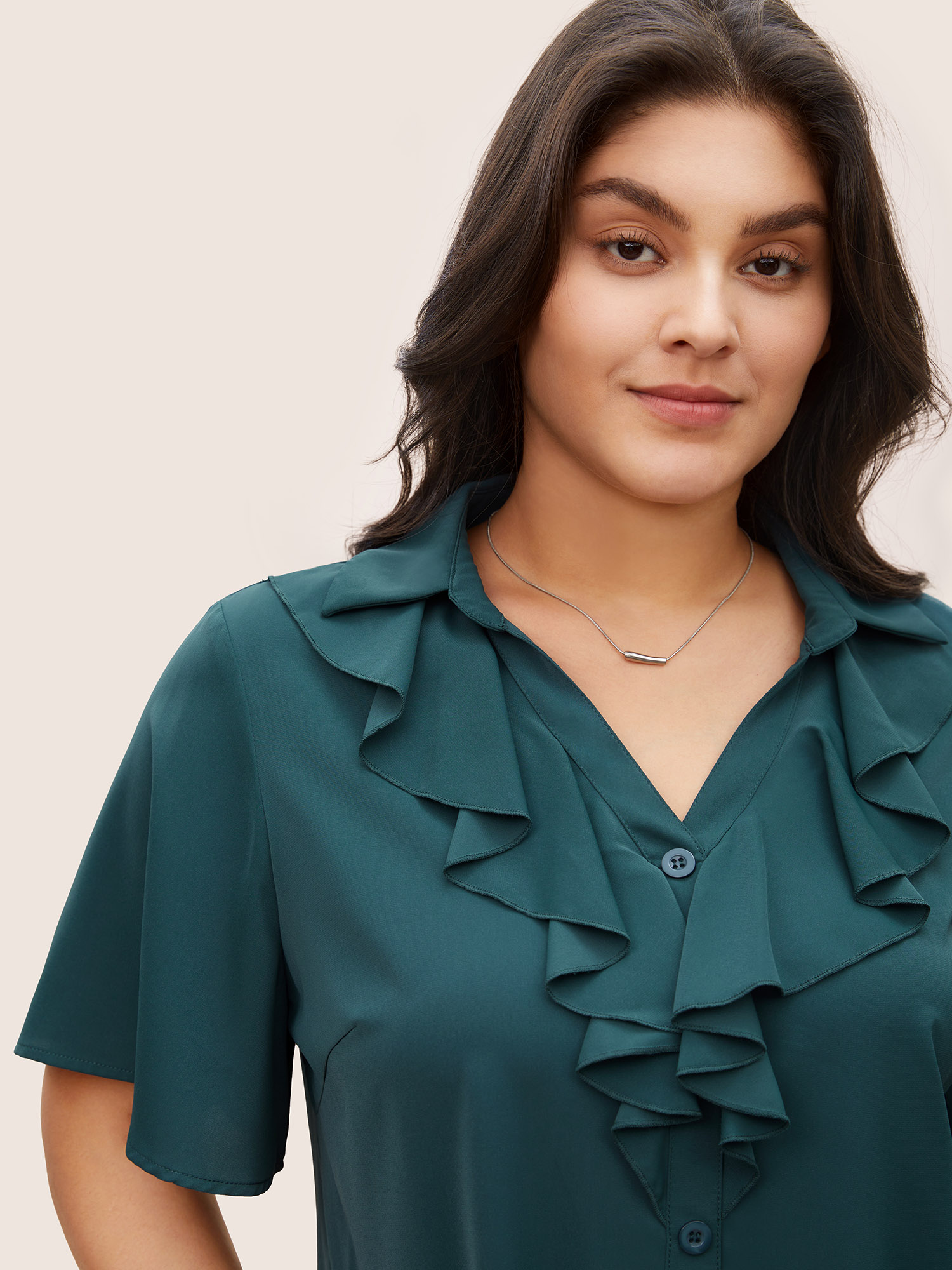 Plus Size Cyan Solid Button Detail Ruffle Trim Blouse Women At the Office Short sleeve Shirt collar Work Blouses BloomChic 22-24/3X 