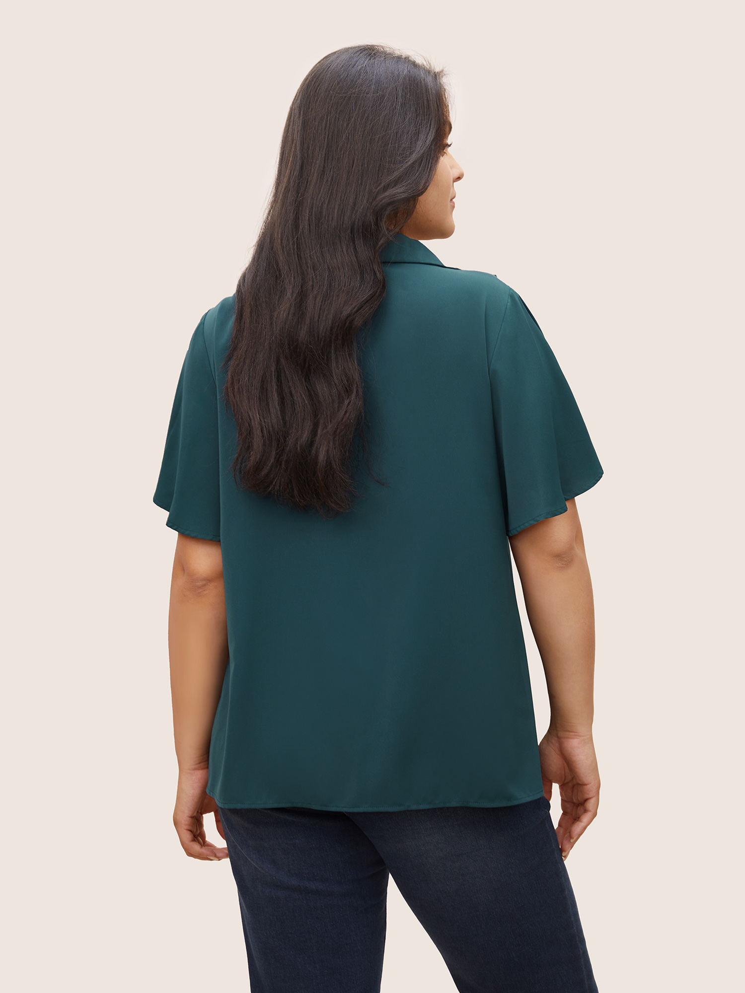 Plus Size Cyan Solid Button Detail Ruffle Trim Blouse Women At the Office Short sleeve Shirt collar Work Blouses BloomChic 22-24/3X 