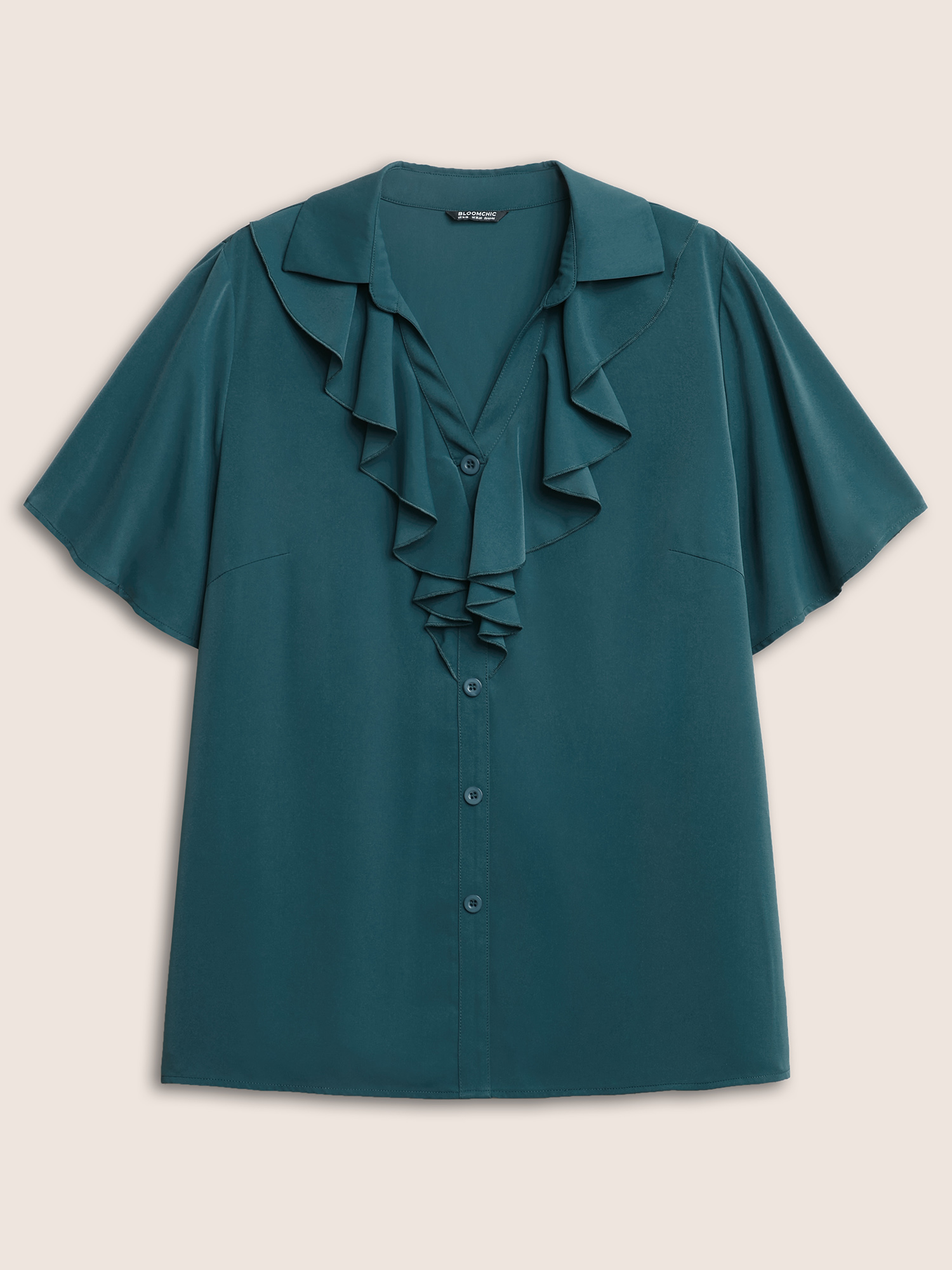 Plus Size Cyan Solid Button Detail Ruffle Trim Blouse Women At the Office Short sleeve Shirt collar Work Blouses BloomChic 22-24/3X 