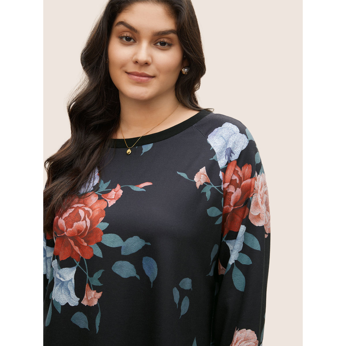 

Plus Size Floral Print Raglan Sleeve Rib Knit Sweatshirt Women Black Elegant Non Round Neck Everyday Sweatshirts BloomChic