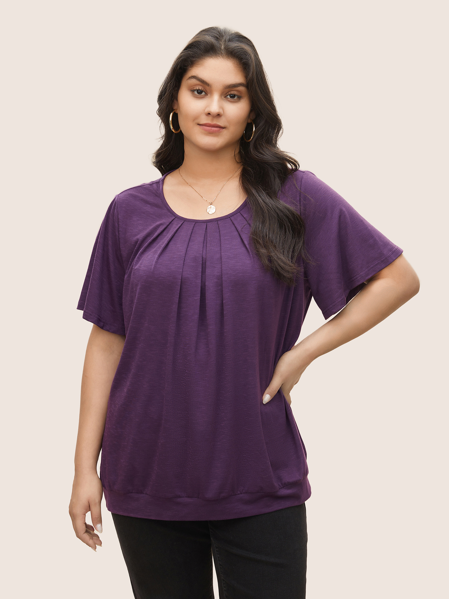 

Plus Size Solid Plicated Detail Flutter Sleeve T-shirt Mauve Round Neck Short sleeve Elegant Jersey Tops