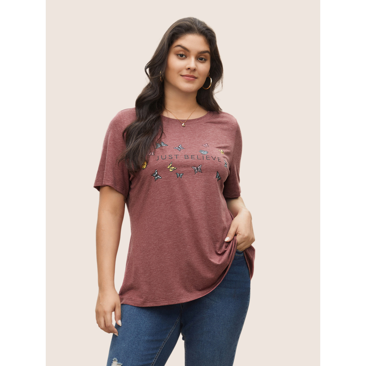 

Plus Size Butterfly & Positive Slogans Graphic Heather T-shirt Russet Women Casual Non Positive slogan Round Neck Everyday T-shirts BloomChic