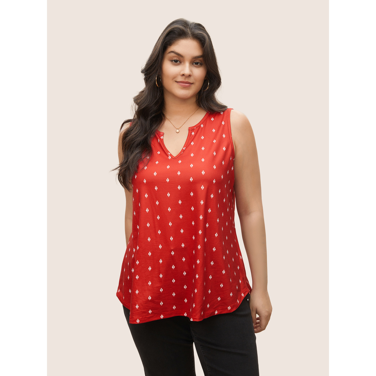 

Plus Size Geometric Print Notched Tank Top Women Red Casual Non Notched collar Everyday Tank Tops Camis BloomChic