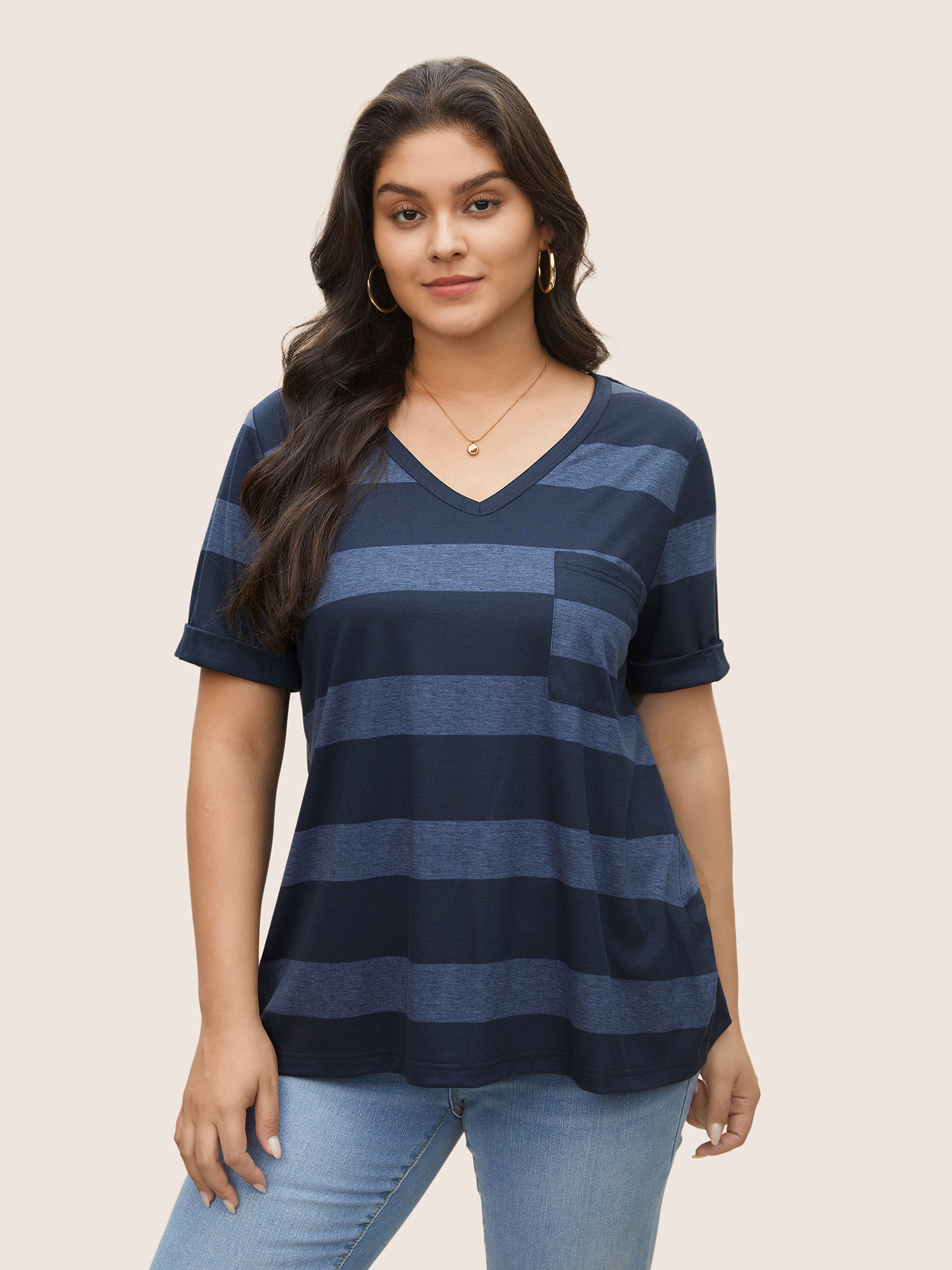 

Plus Size V Neck Striped Patched Pocket T-shirt Indigo Women Casual Non Striped V-neck Everyday T-shirts BloomChic