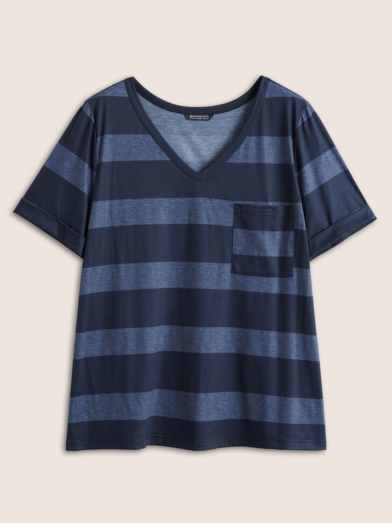 

Plus Size V Neck Striped Patched Pocket T-shirt Indigo Women Casual Non Striped V-neck Everyday T-shirts BloomChic