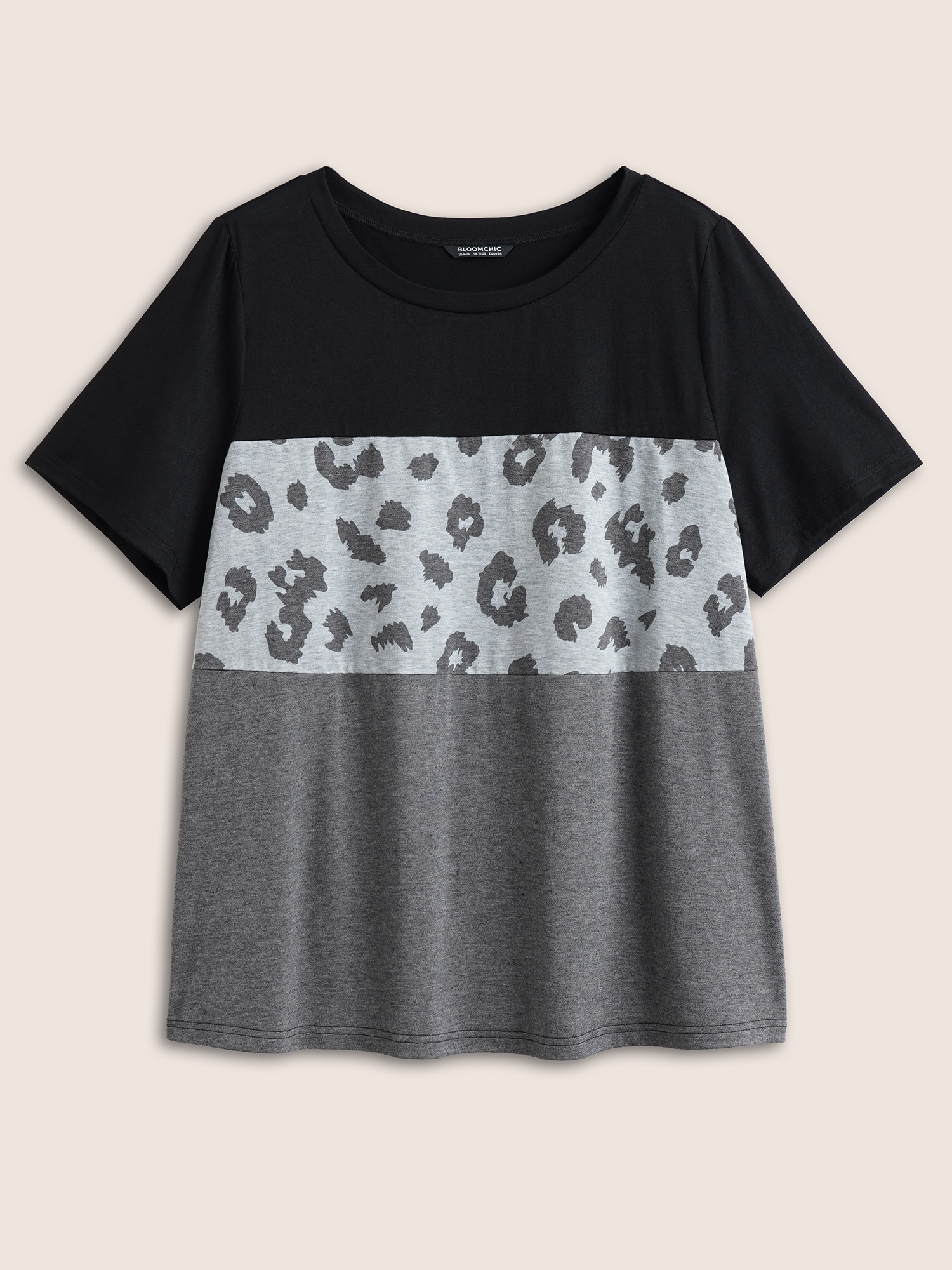 Plus Size Colorblock Contrast Patchwork Leopard T-shirt Black Women Casual Patchwork Leopard Round Neck Everyday T-shirts BloomChic 18-20/2X 