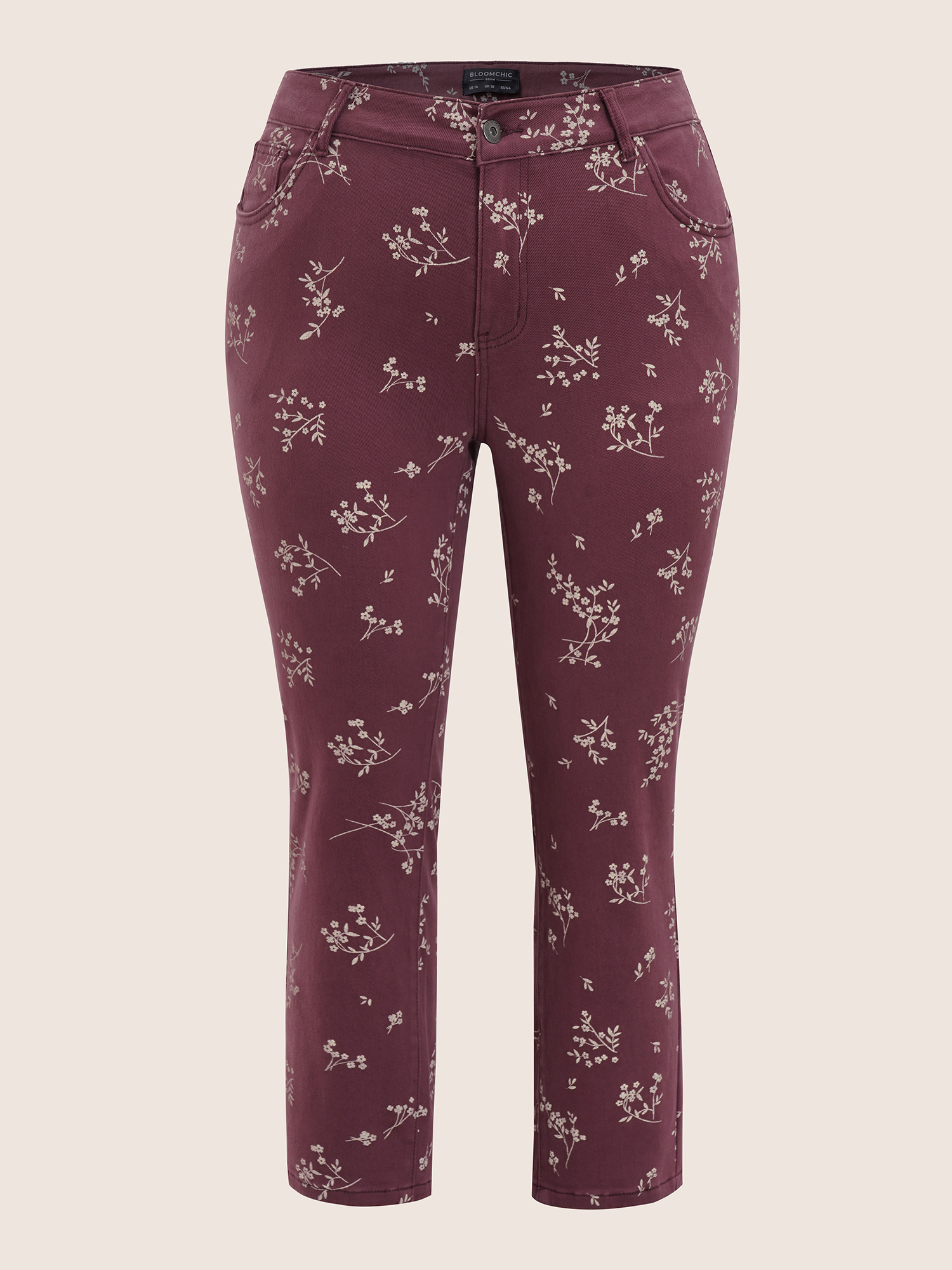 Plus Size Graphic Natural Print Color Wash Jeans Women RedViolet Elegant Natural Flowers Non High stretch Slanted pocket Jeans BloomChic 20/2X 