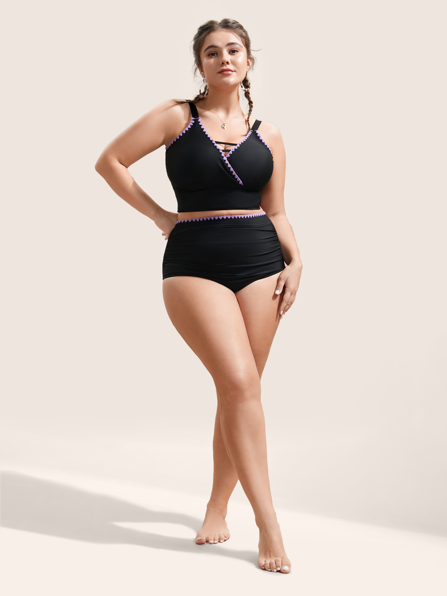 Plus Size Shell Stitch Hollow Out Warp Swim Top Women`s Swimwear Black Beach Non High stretch Skinny V-neck Curve Swim Tops BloomChic 22-24/3X 