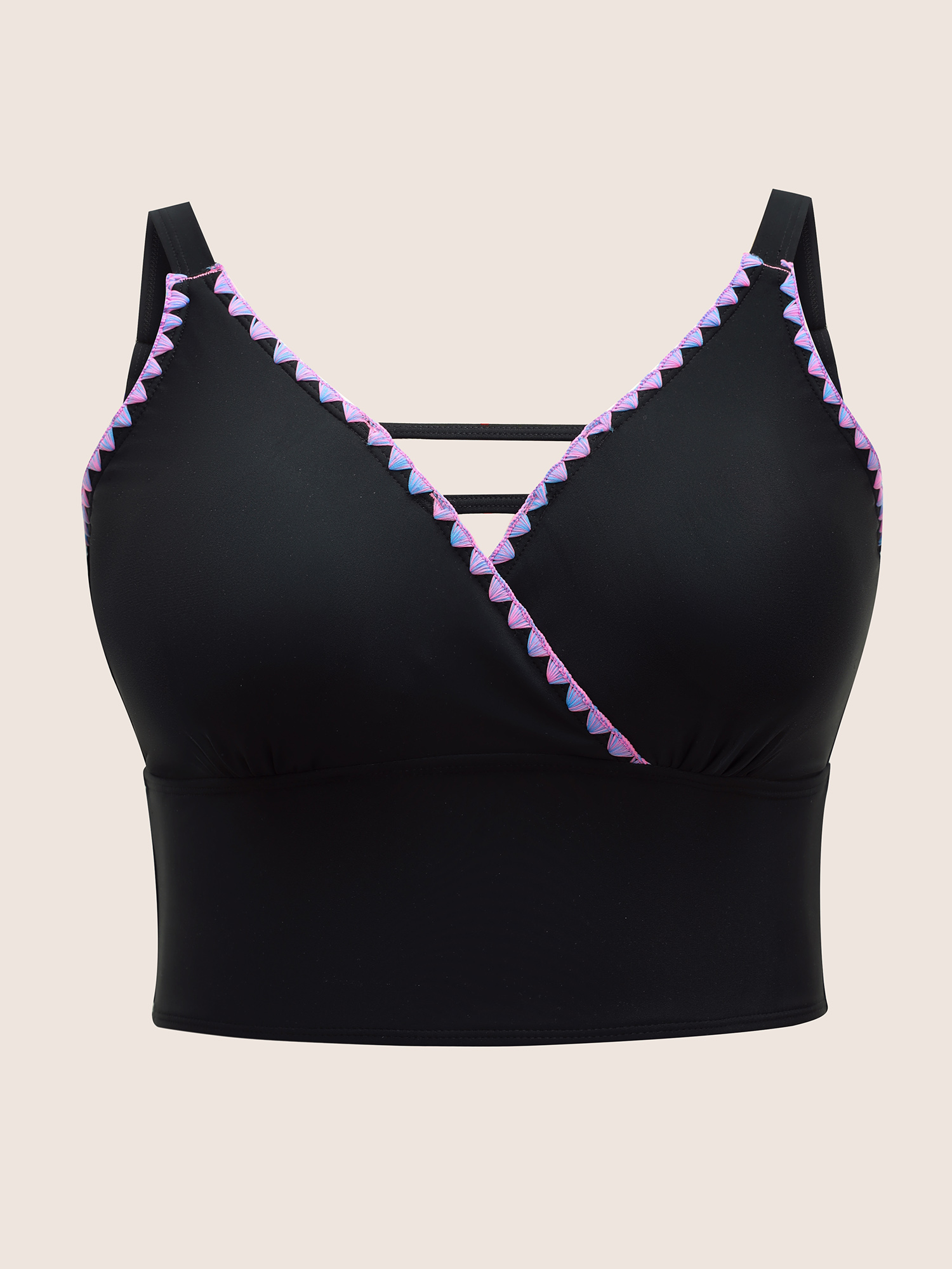 Plus Size Shell Stitch Hollow Out Warp Swim Top Women`s Swimwear Black Beach Non High stretch Skinny V-neck Curve Swim Tops BloomChic 22-24/3X 