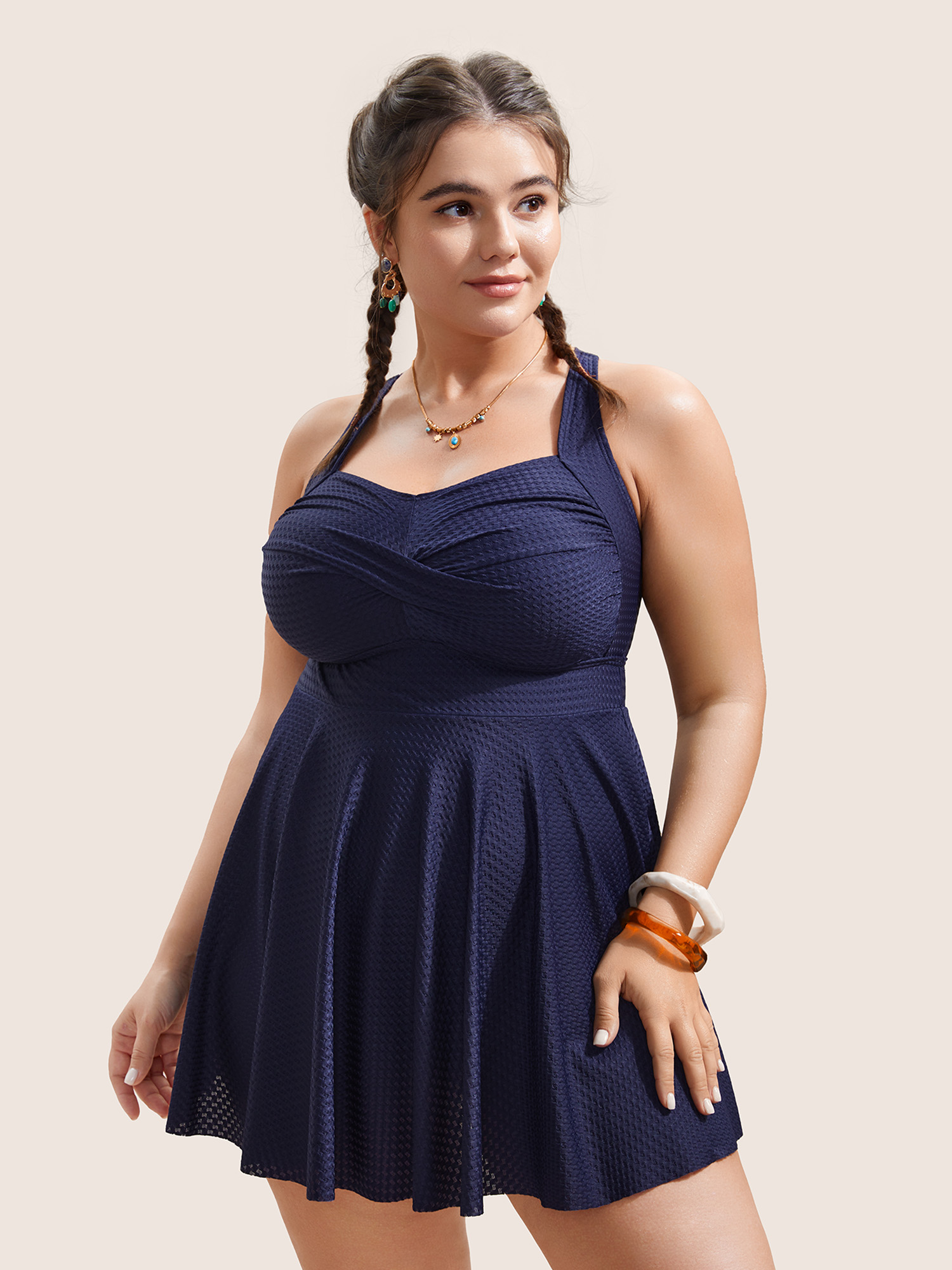 

Plus Size Plain Textured Crossover Bodycon Swim Dress Women's Swimwear Midnight Beach Bodycon Heart neckline High stretch Curve Swim Dresses BloomChic