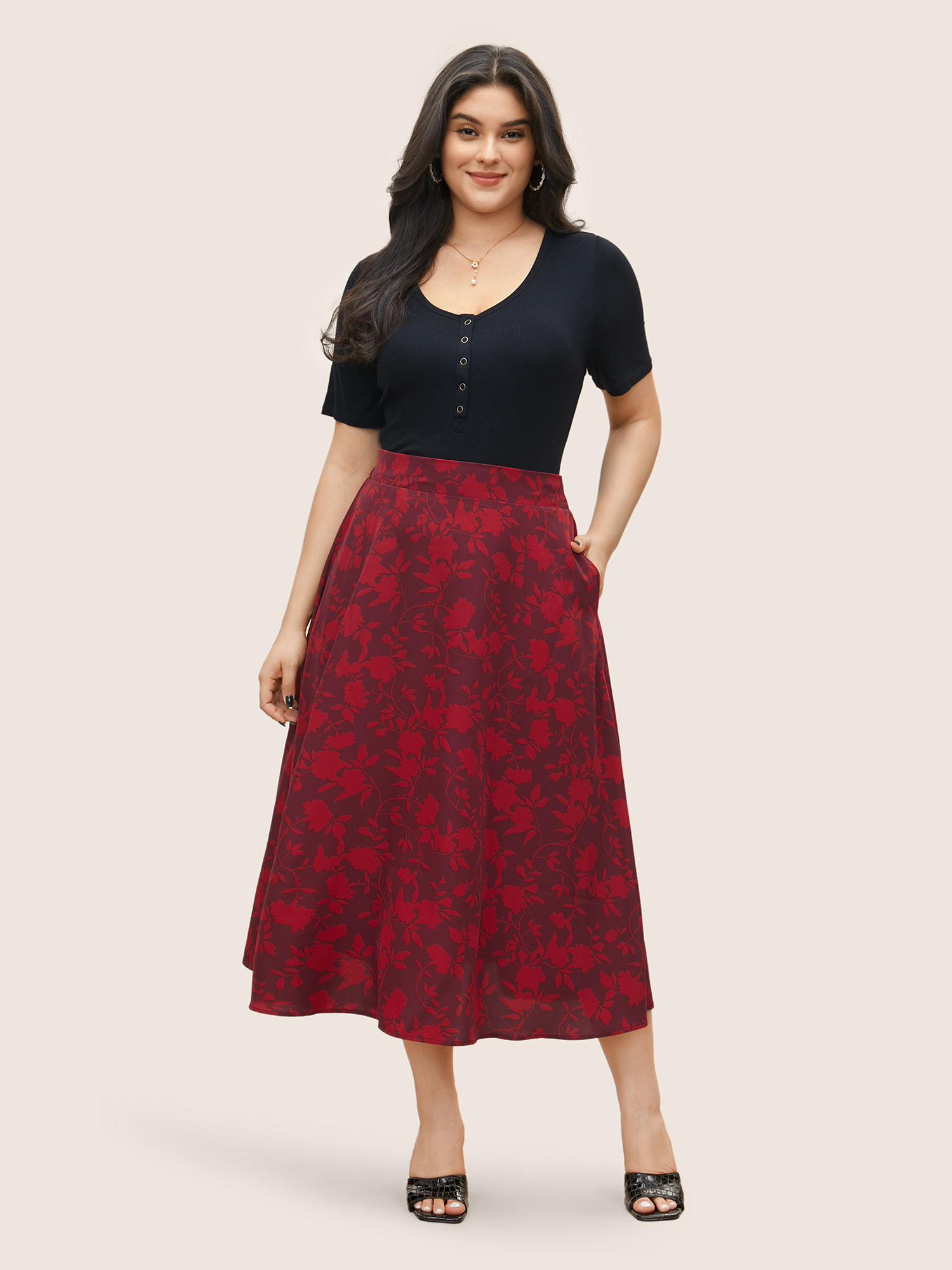 

Plus Size Silhouette Floral Print Elastic Waist Pocket Cropped Skirt Women Burgundy Elegant Non No stretch Slanted pocket Everyday Skirts BloomChic