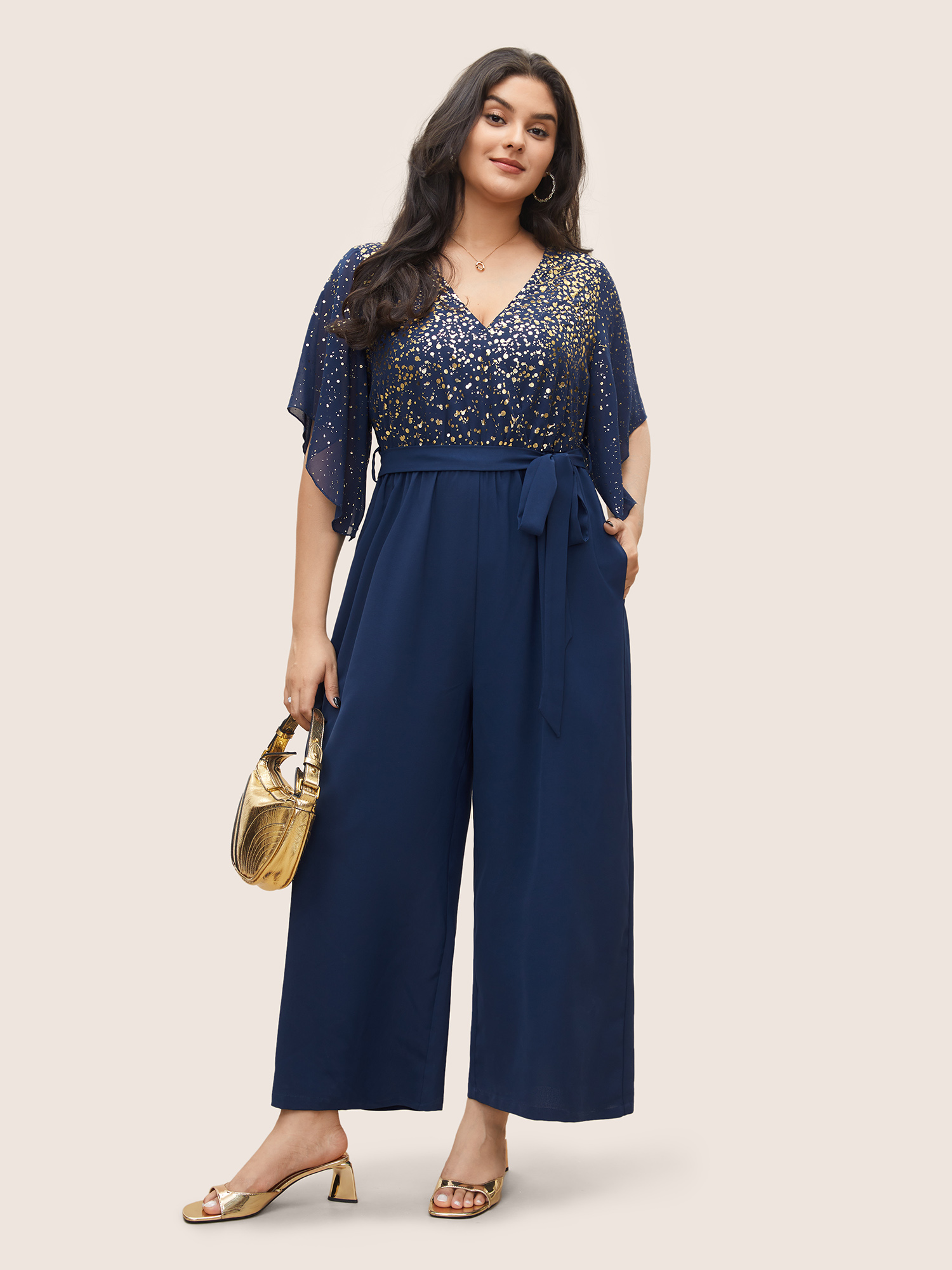 

Plus Size DarkBlue Glitter Overlap Collar Mesh Flutter Sleeve Jumpsuit Women Cocktail Half Sleeve Overlap Collar Party Loose Jumpsuits BloomChic