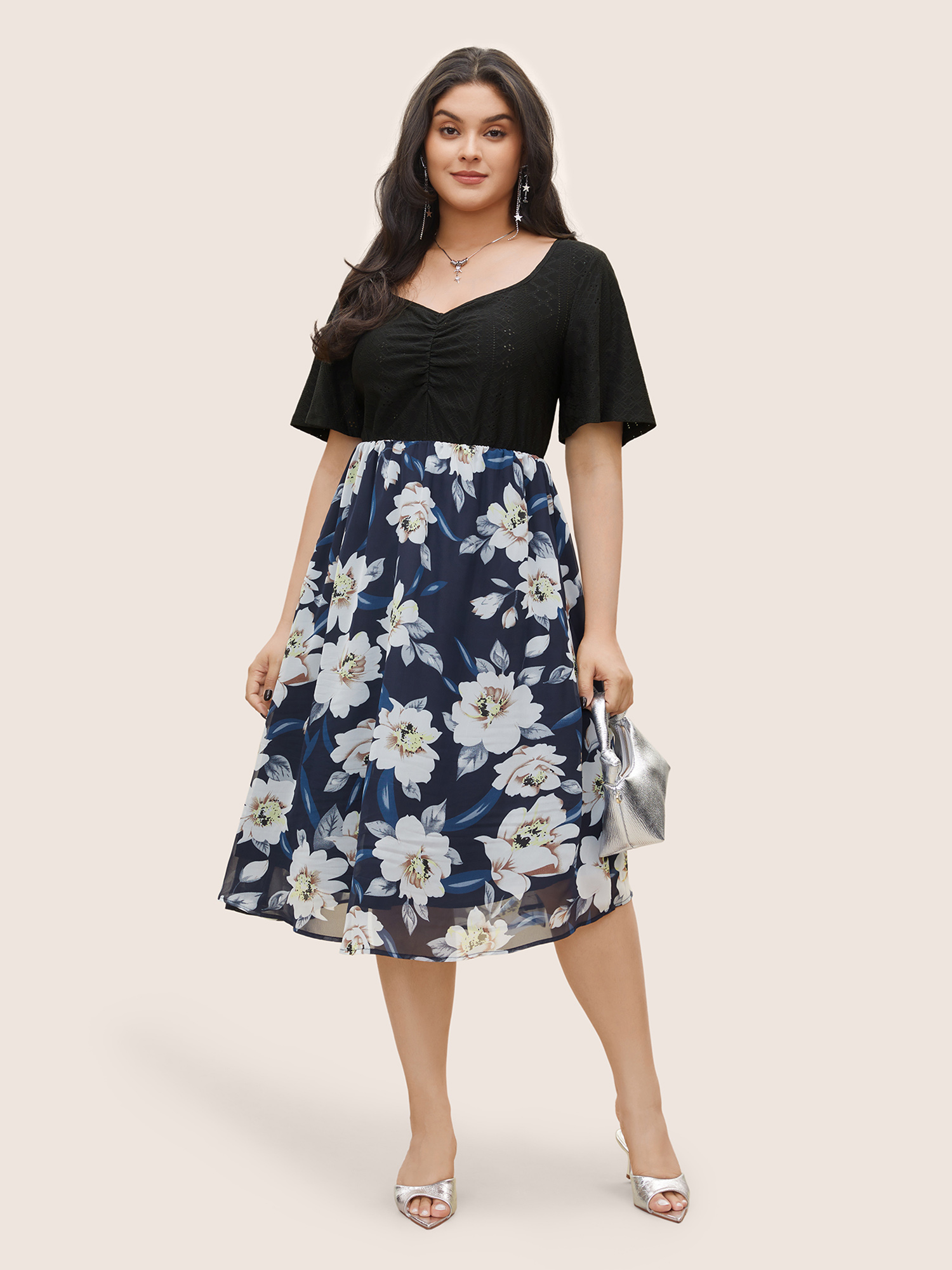 

Plus Size Chiffon Floral Patchwork Ruched Hollow Out Dress DarkBlue Women Elegant Non Square Neck Short sleeve Curvy Midi Dress BloomChic