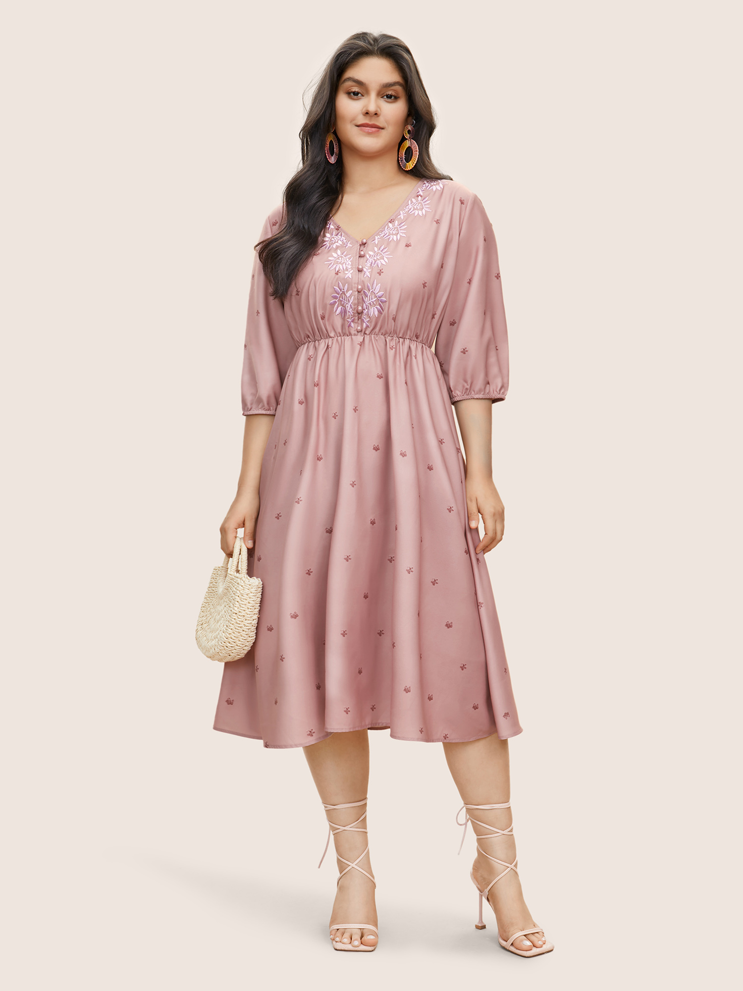 Plus Size Floral Embroidered Button Up Lantern Sleeve Dress DustyPink Women Non Curvy Midi Dress BloomChic 26/4X 