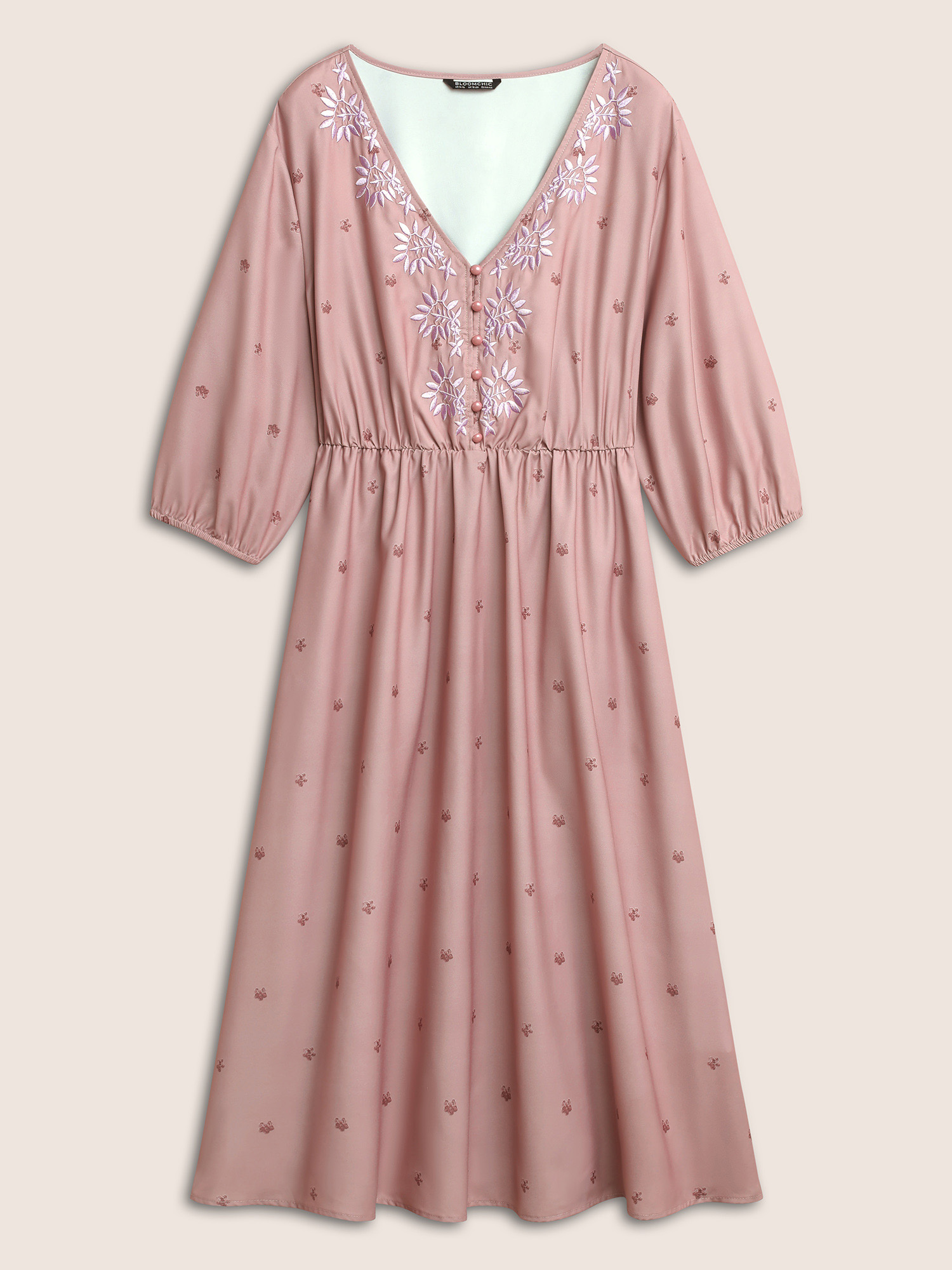 Plus Size Floral Embroidered Button Up Lantern Sleeve Dress DustyPink Women Non Curvy Midi Dress BloomChic 26/4X 
