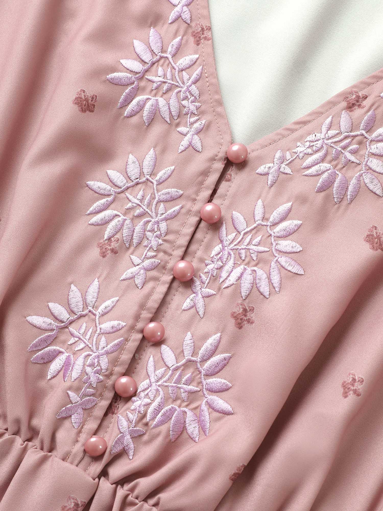 Plus Size Floral Embroidered Button Up Lantern Sleeve Dress DustyPink Women Non Curvy Midi Dress BloomChic 26/4X 