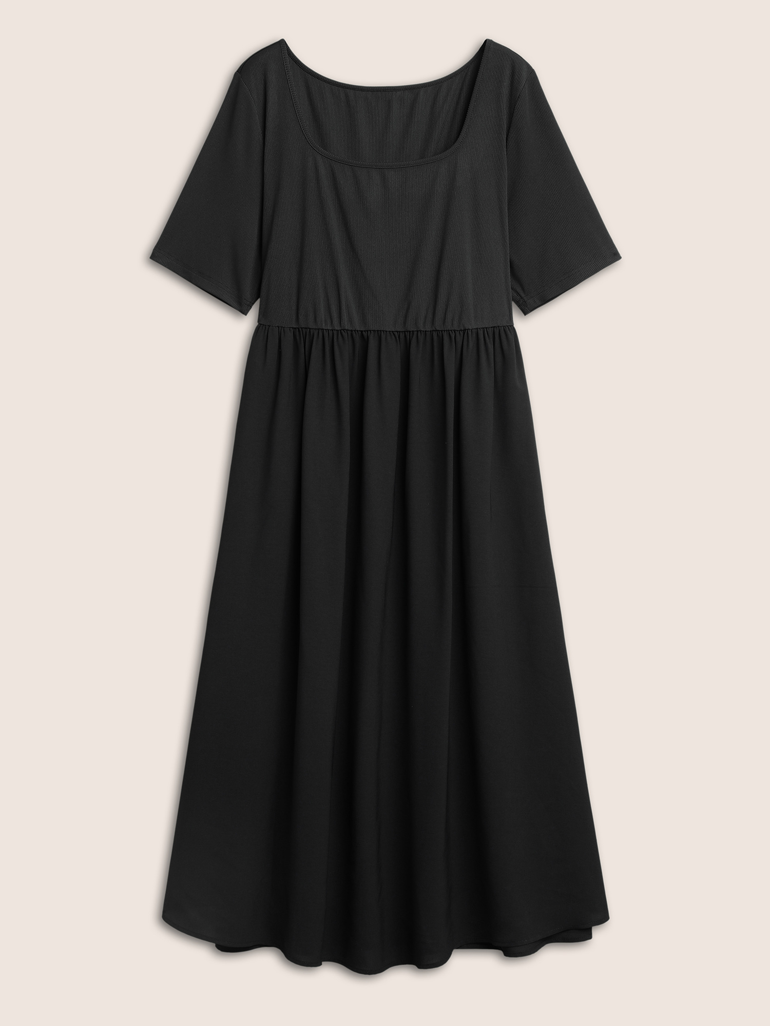 Plus Size Plain Square Neck Gathered Elastic Waist Dress Black Women Casual Non Square Neck Short sleeve Curvy Midi Dress BloomChic 26/4X 