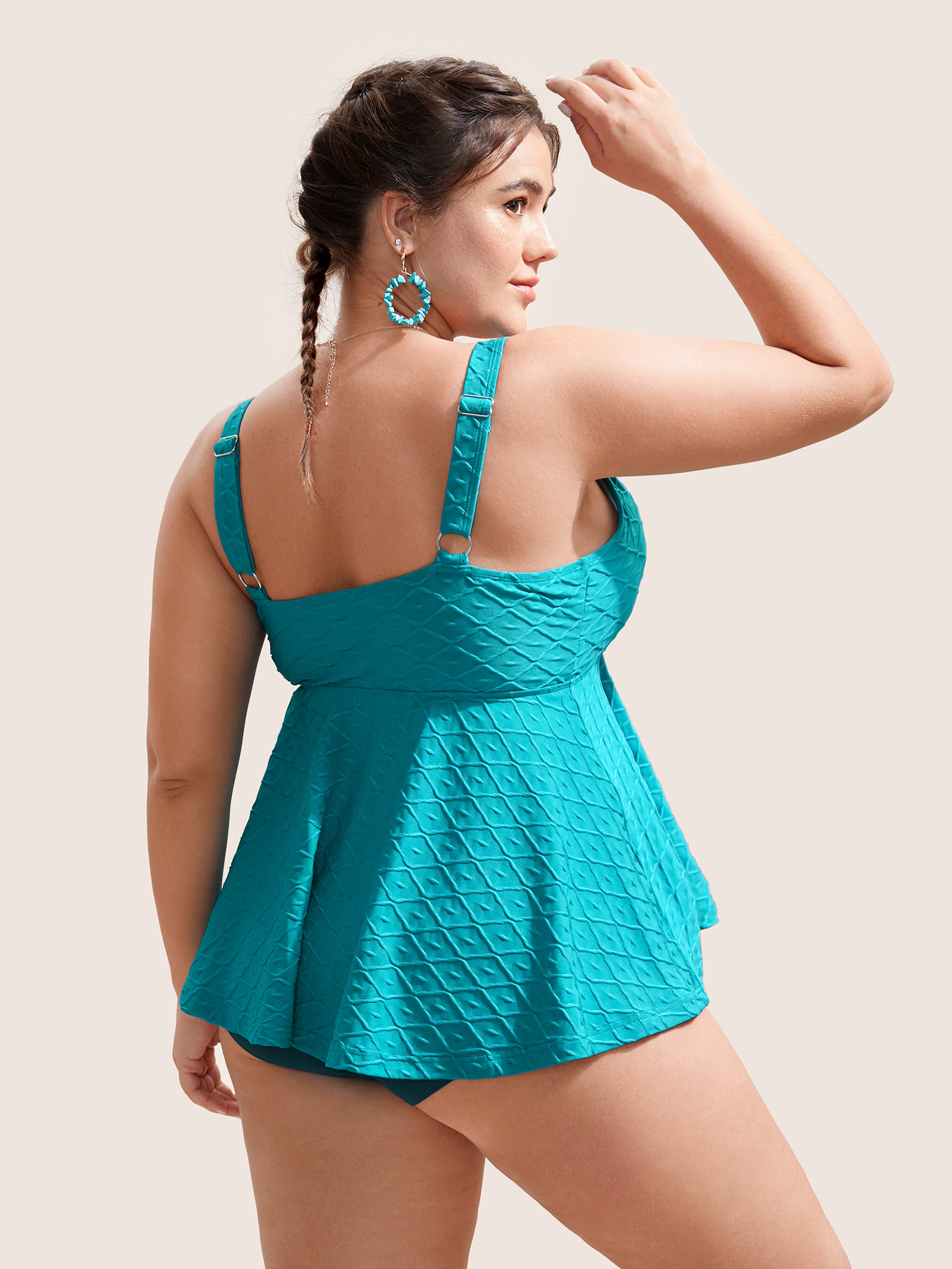 Plus Size Plain Textured Wrap Gathered Swim Top Women`s Swimwear Mint Beach Non High stretch Bodycon Deep V-neck Curve Swim Tops BloomChic 26/4X 