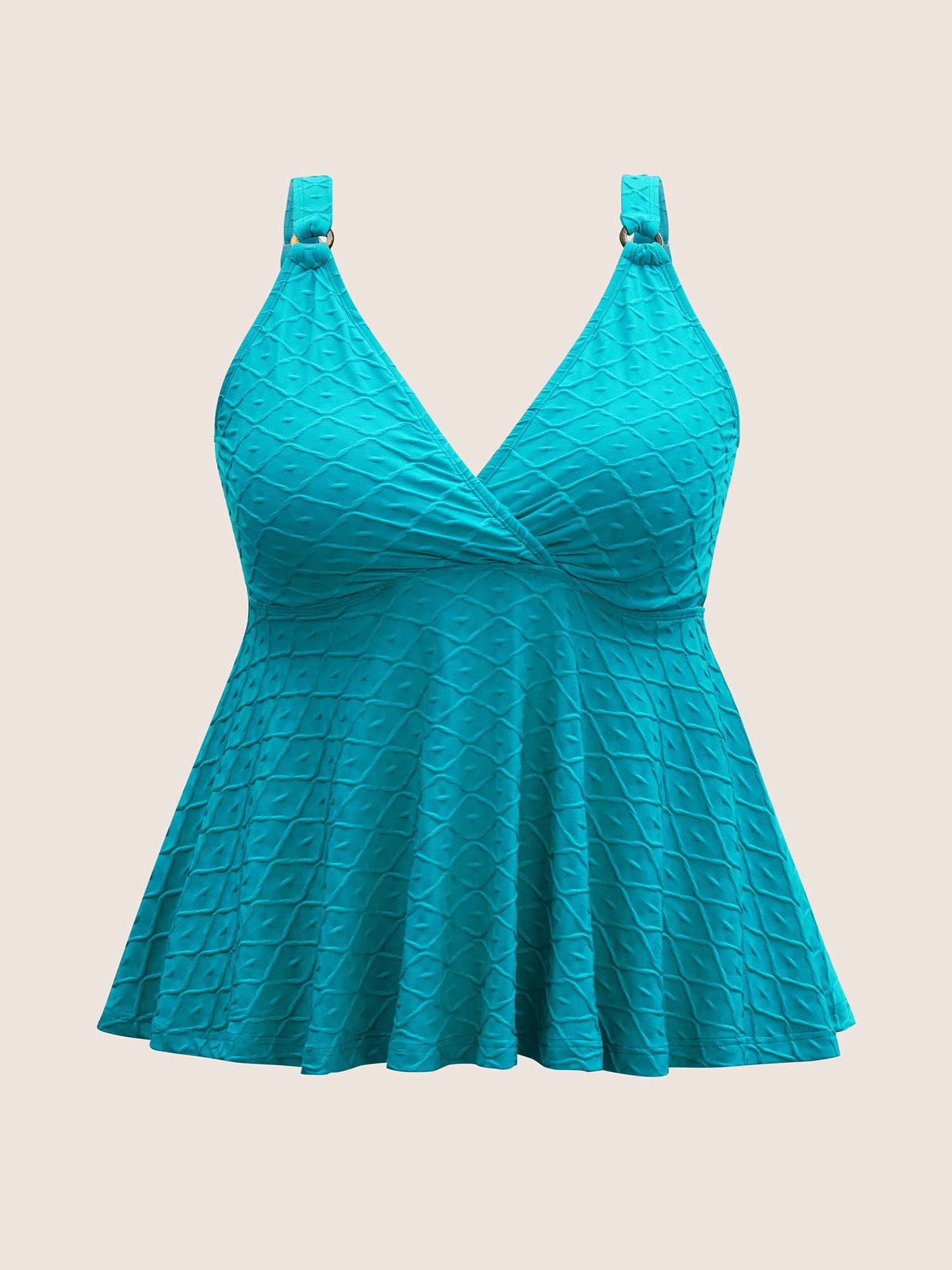 Plus Size Plain Textured Wrap Gathered Swim Top Women`s Swimwear Mint Beach Non High stretch Bodycon Deep V-neck Curve Swim Tops BloomChic 26/4X 