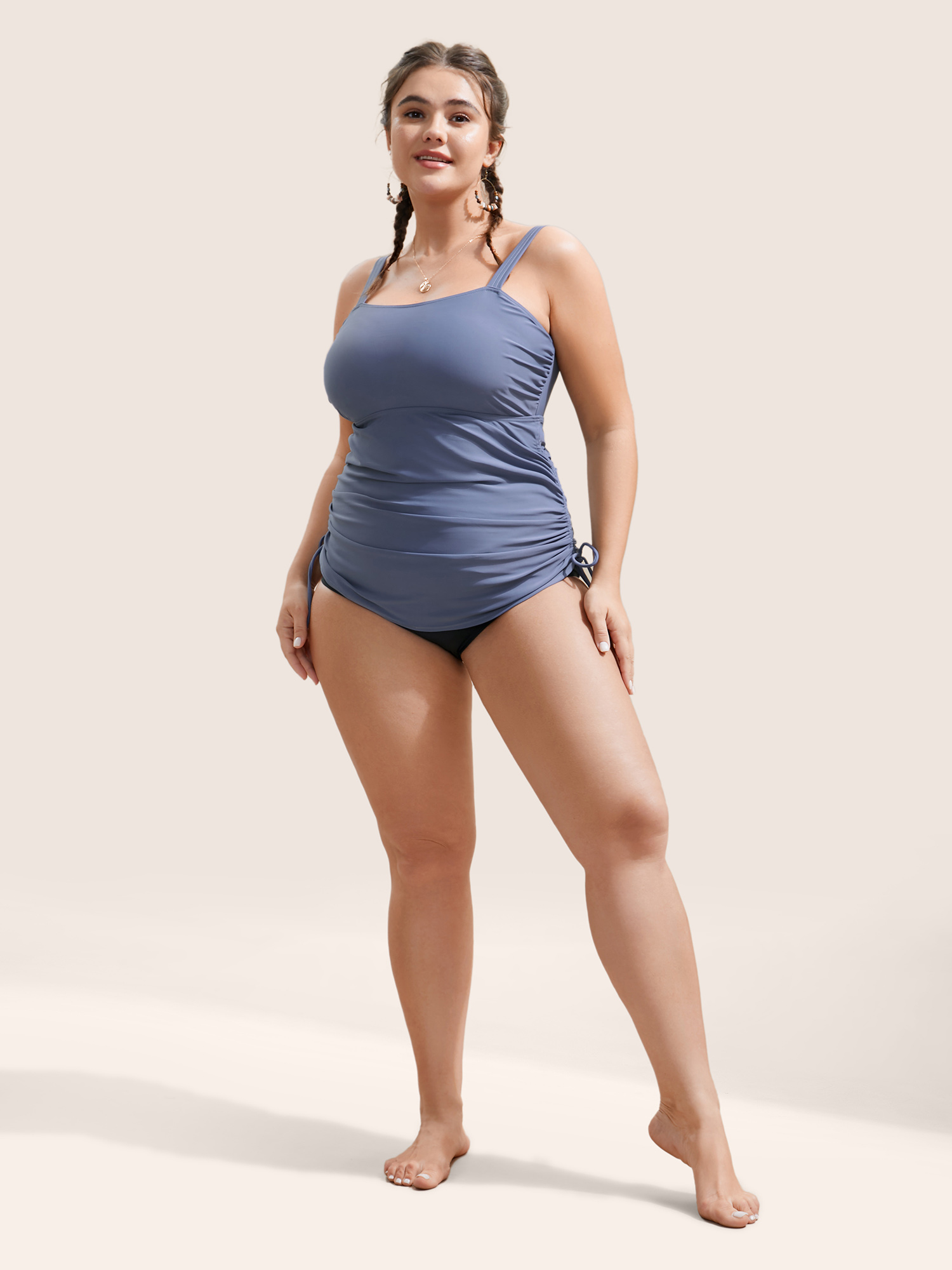 

Plus Size Plain Adjustable Straps Gathered Drawstring Swim Top Women's Swimwear Stone Beach Non High stretch Bodycon Strapless Curve Swim Tops BloomChic