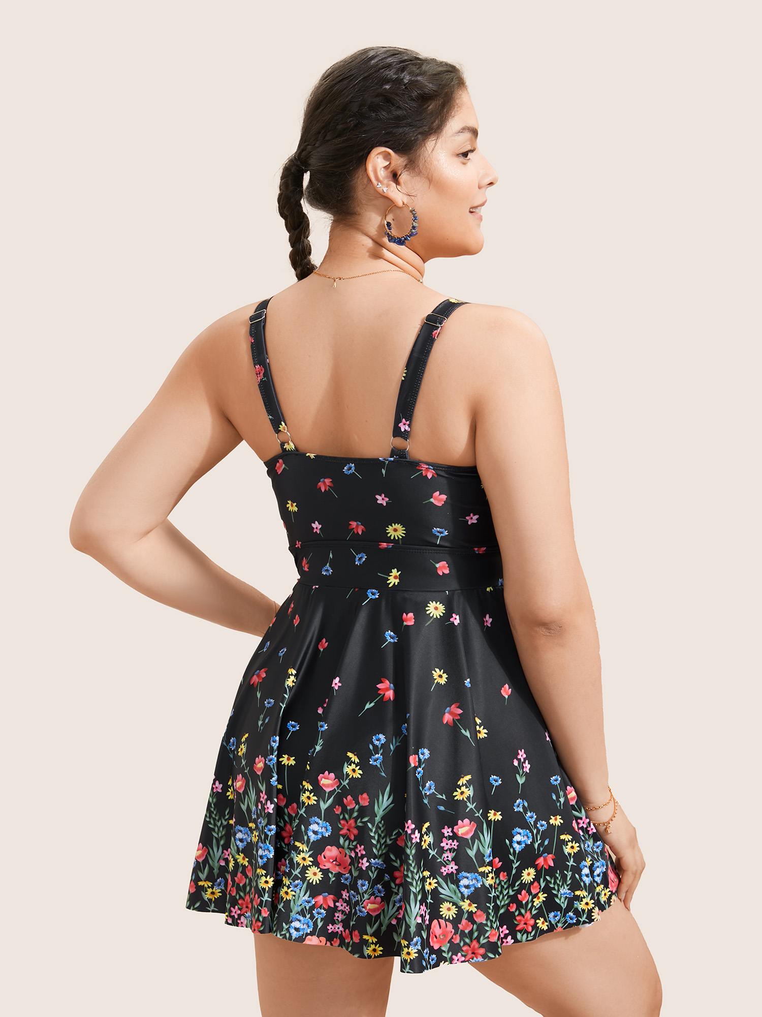 Plus Size Ditsy Floral Lined Spaghetti Strap Swim Dress Women`s Swimwear Black Beach Bodycon U-neck High stretch Curve Swim Dresses BloomChic 30/6X 