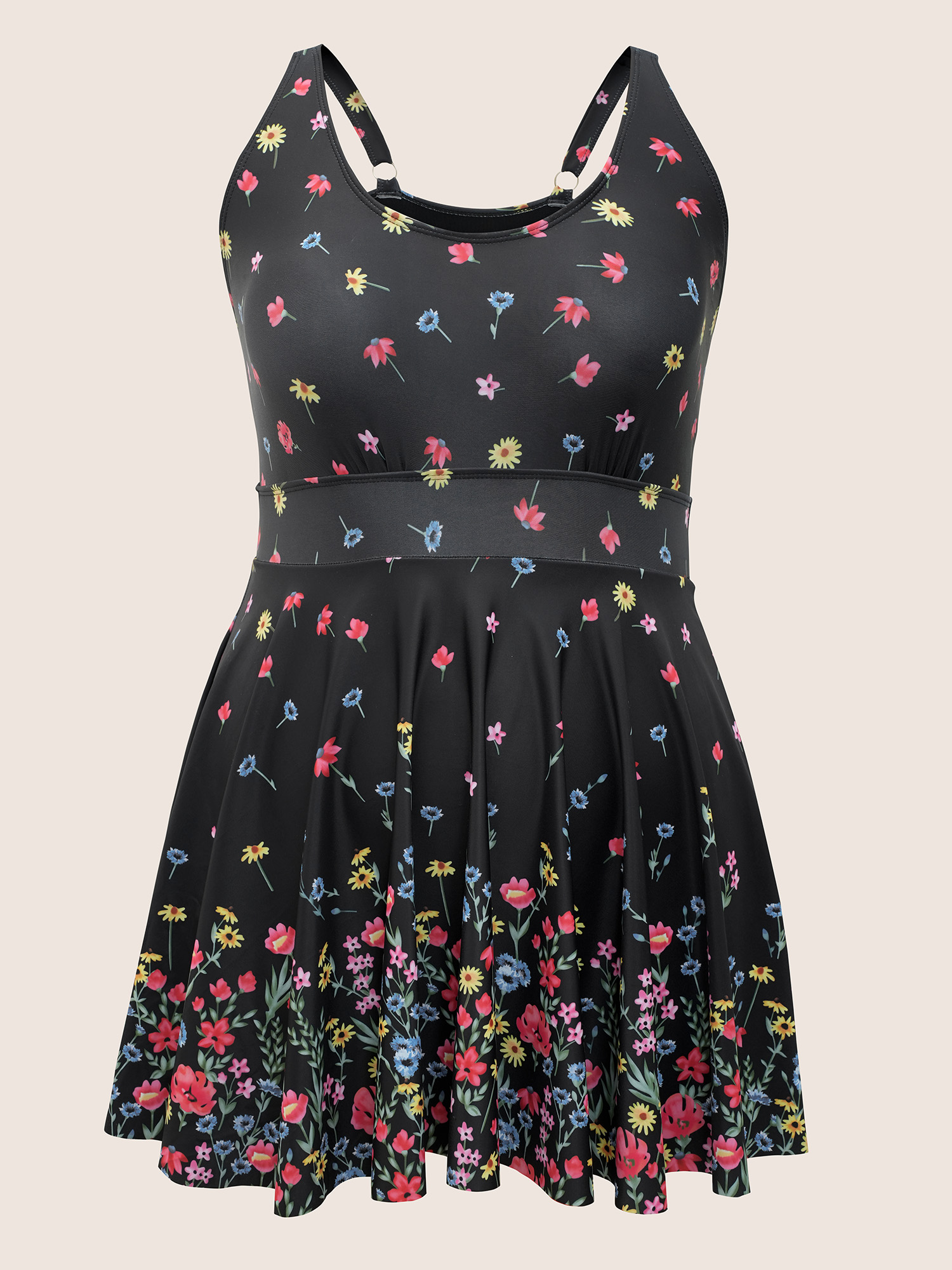 Plus Size Ditsy Floral Lined Spaghetti Strap Swim Dress Women`s Swimwear Black Beach Bodycon U-neck High stretch Curve Swim Dresses BloomChic 30/6X 