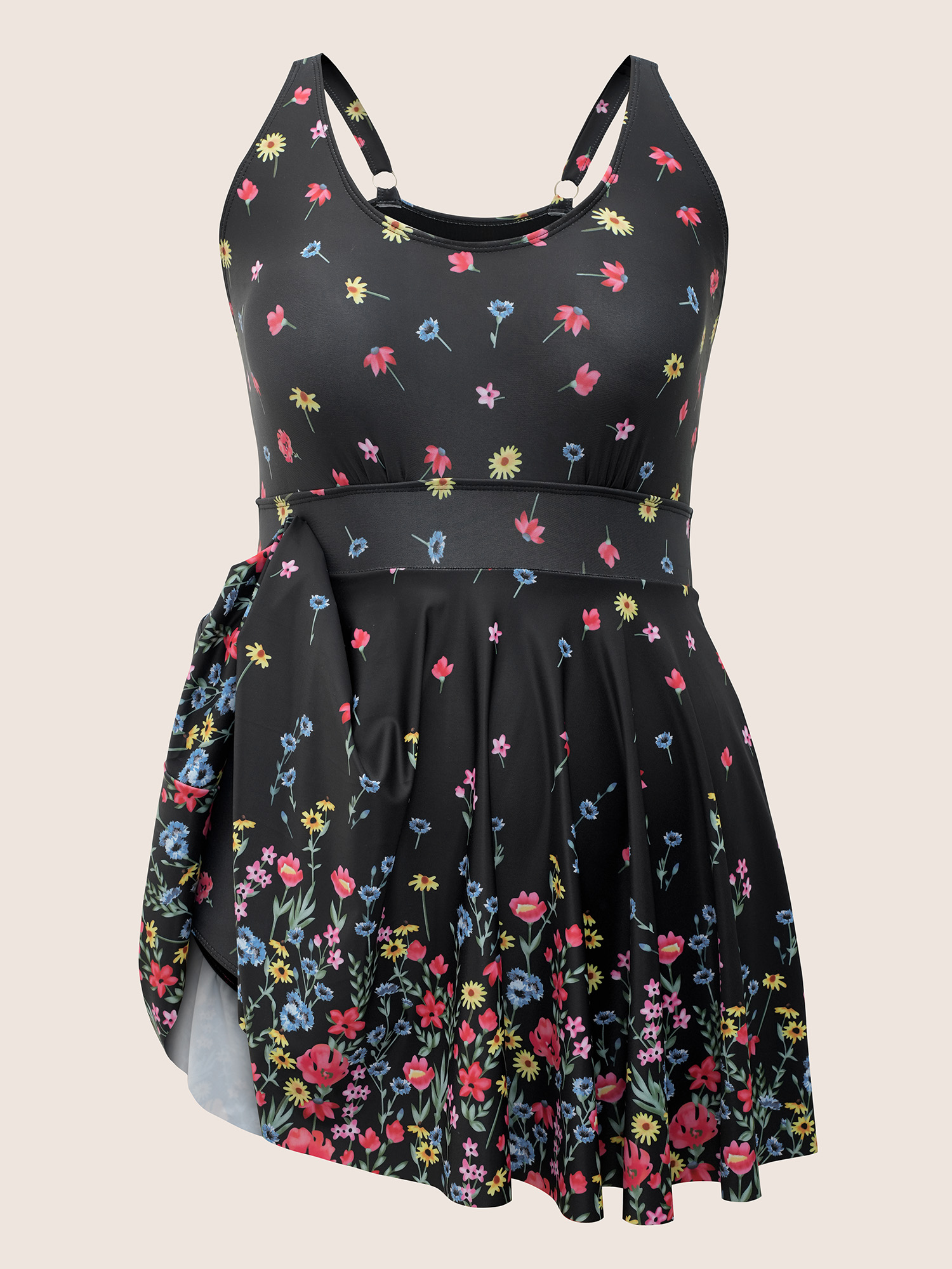 Plus Size Ditsy Floral Lined Spaghetti Strap Swim Dress Women`s Swimwear Black Beach Bodycon U-neck High stretch Curve Swim Dresses BloomChic 30/6X 