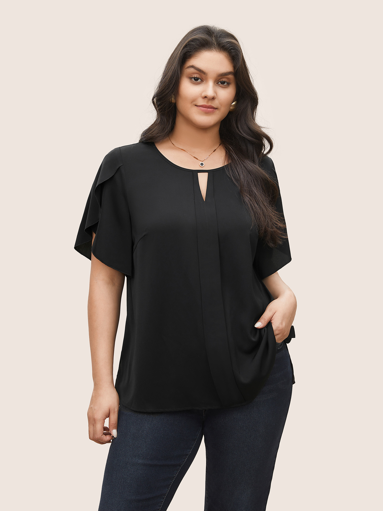 

Plus Size Black Solid Keyhole Petal Sleeve Pleated Blouse Women Work From Home Short sleeve Notched collar Work Blouses BloomChic