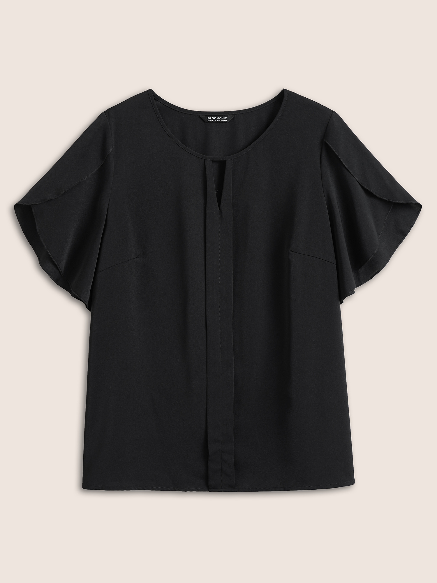 

Plus Size Black Solid Keyhole Petal Sleeve Pleated Blouse Women Work From Home Short sleeve Notched collar Work Blouses BloomChic