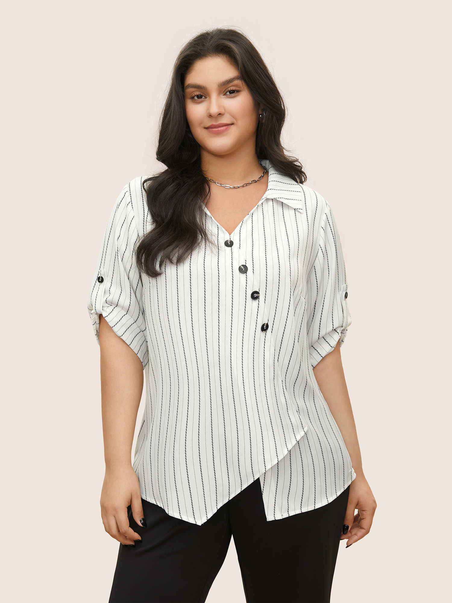 

Plus Size White Striped Button Detail Asymmetrical Hem Blouse Women At the Office Elbow-length sleeve Shirt collar Work Blouses BloomChic