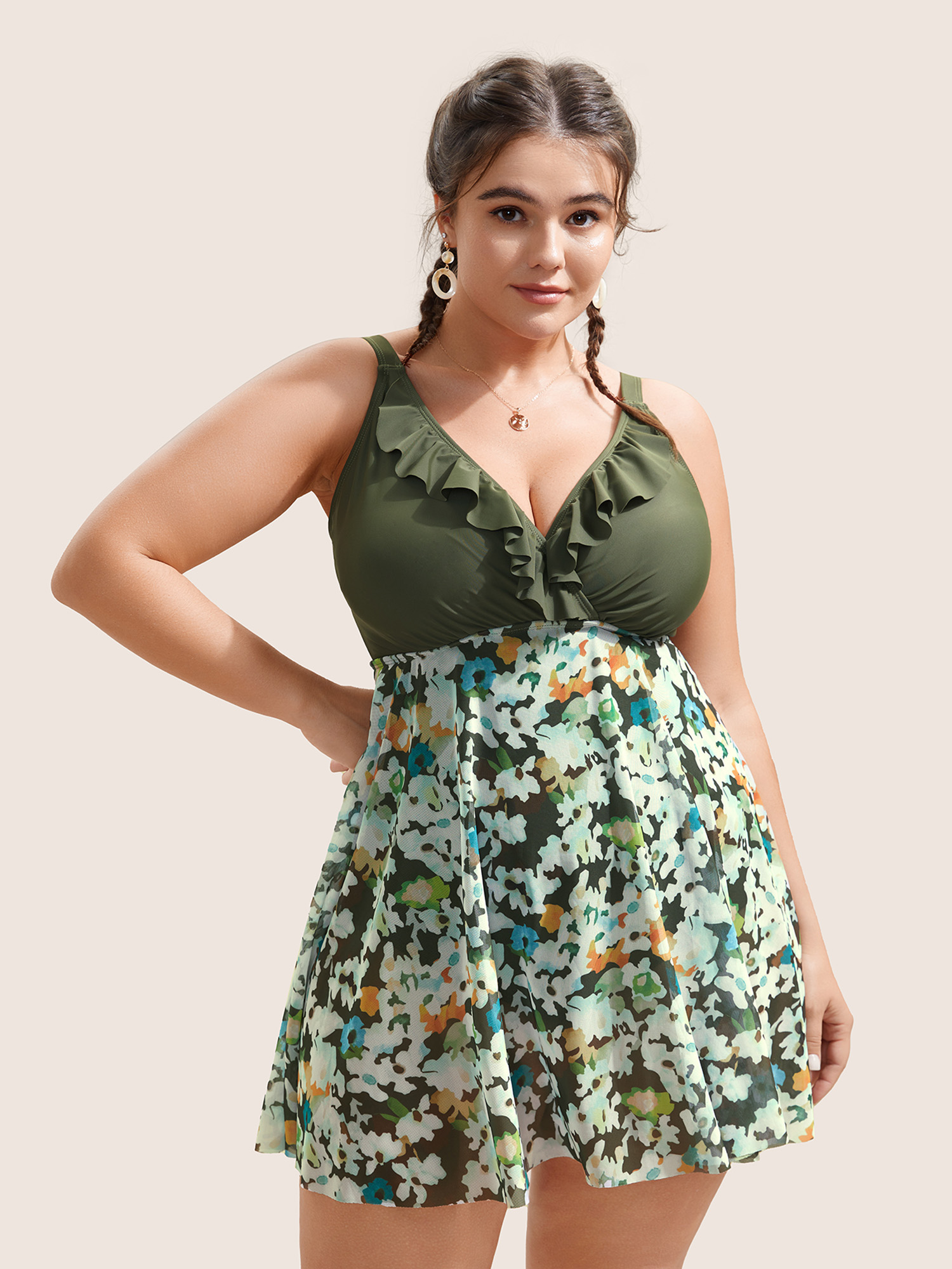 

Plus Size Patchwork Ditsy Floral Ruffles Swim Dress Women's Swimwear ArmyGreen Beach Bodycon Deep V-neck High stretch Curve Swim Dresses BloomChic