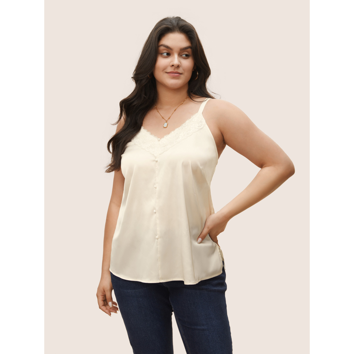 

Plus Size Satin Lace Panel Split Side Cami Top Women Ivory Elegant Woven ribbon&lace trim V-neck Everyday Tank Tops Camis BloomChic
