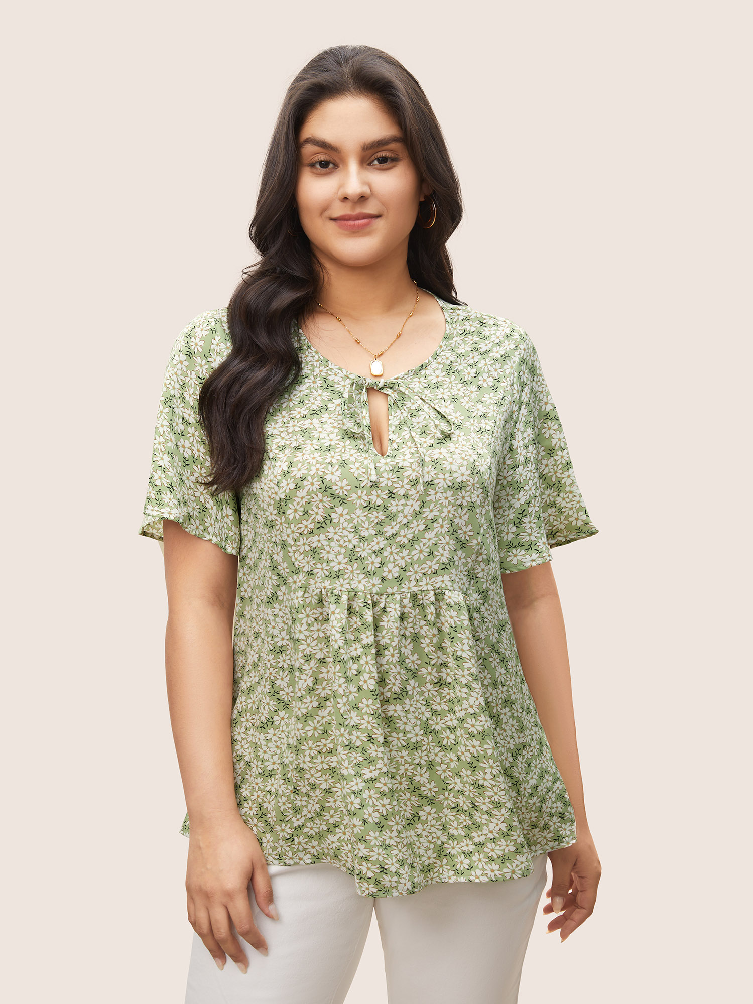 

Plus Size Sage Ditsy Floral Ruffle Sleeve Gathered Ties Blouse Women Elegant Short sleeve Ribbon-tied collar Everyday Blouses BloomChic
