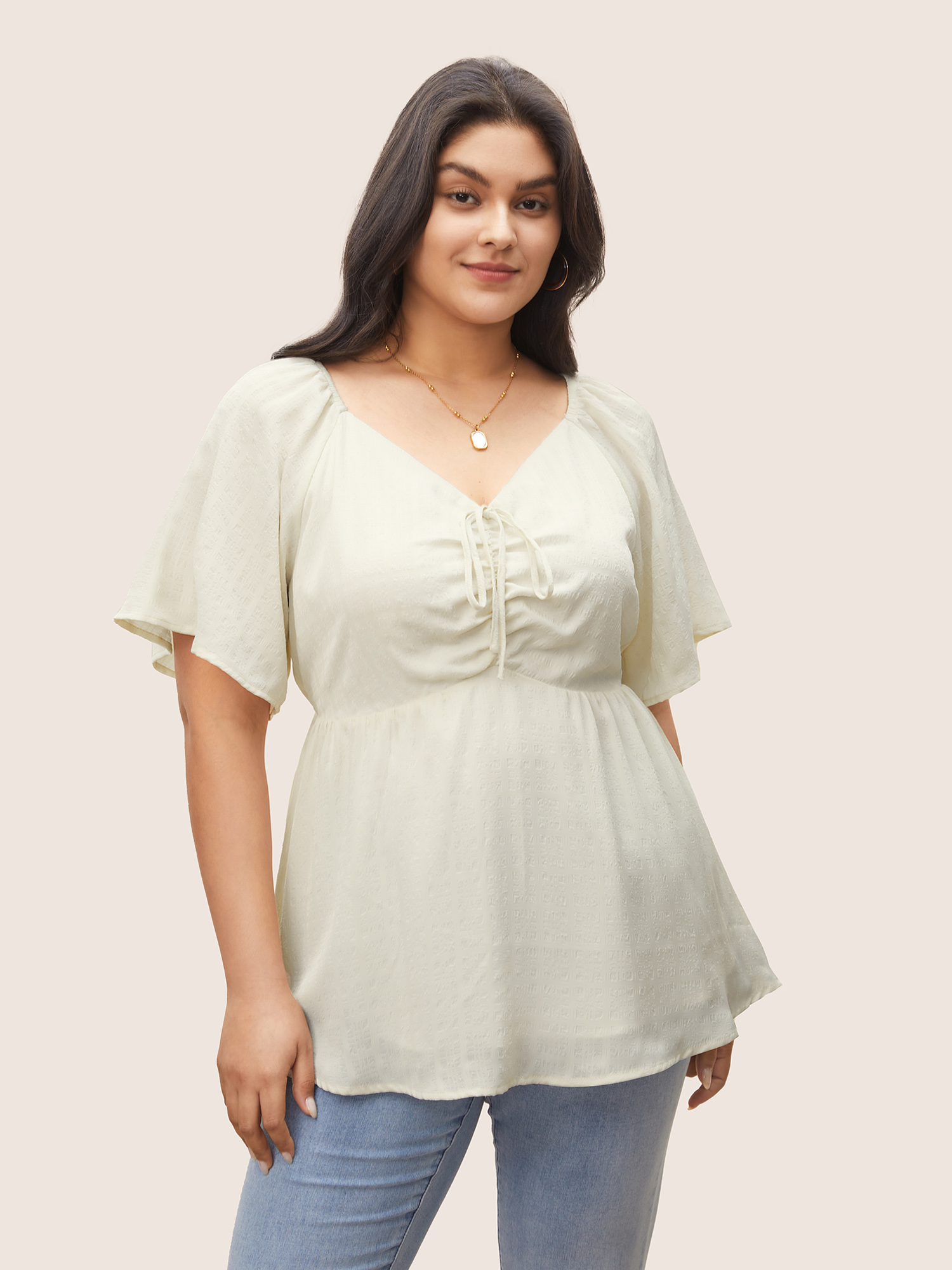 

Plus Size Ivory Plain Texture Elastic Waist Ruched Ties Blouse Women Elegant Short sleeve V-neck Everyday Blouses BloomChic